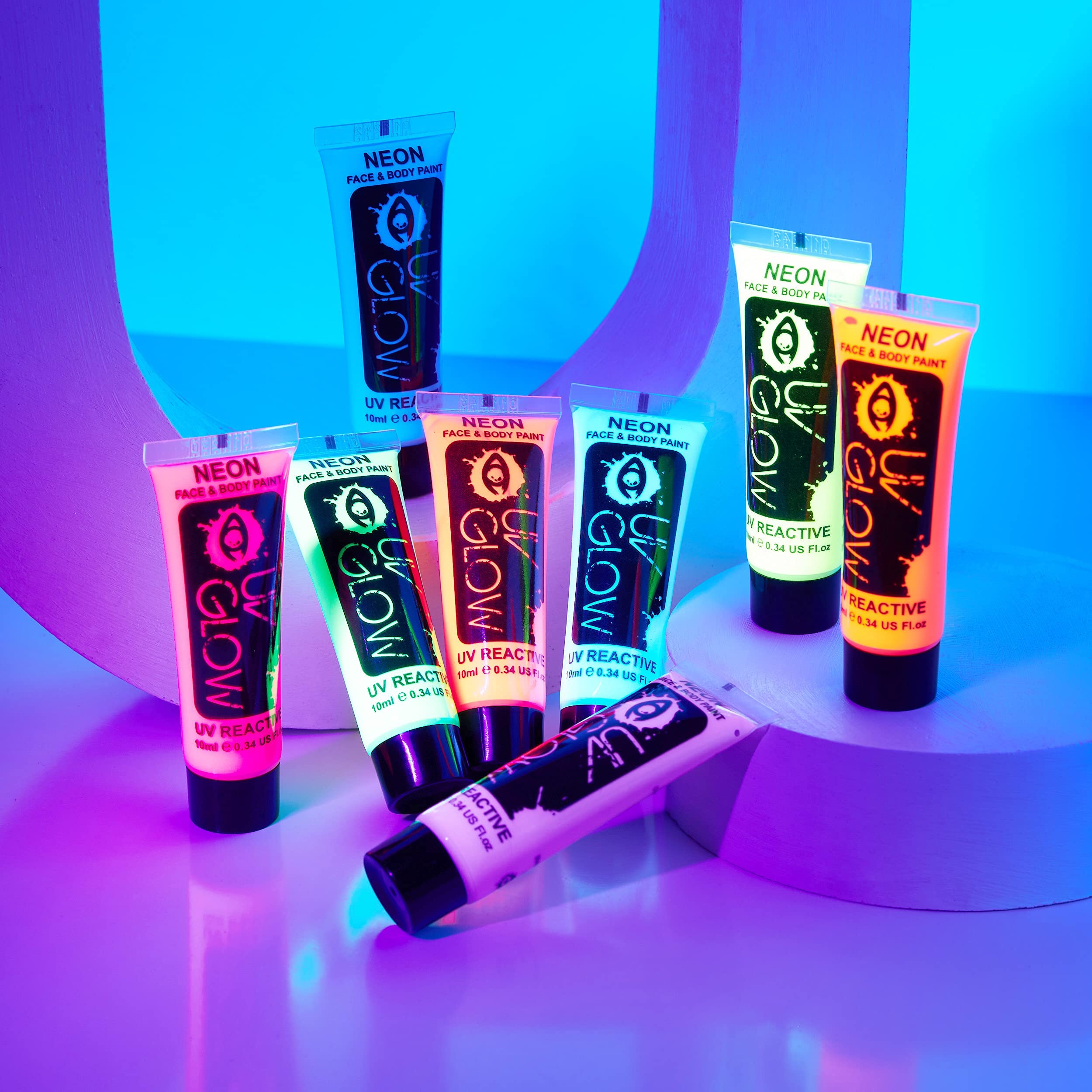 24 x 10ml UV-Bodypaint Körpermalfarben Schwarzlicht fluoreszierende Schminke Bodypainting Neon Farben Leuchtfarben