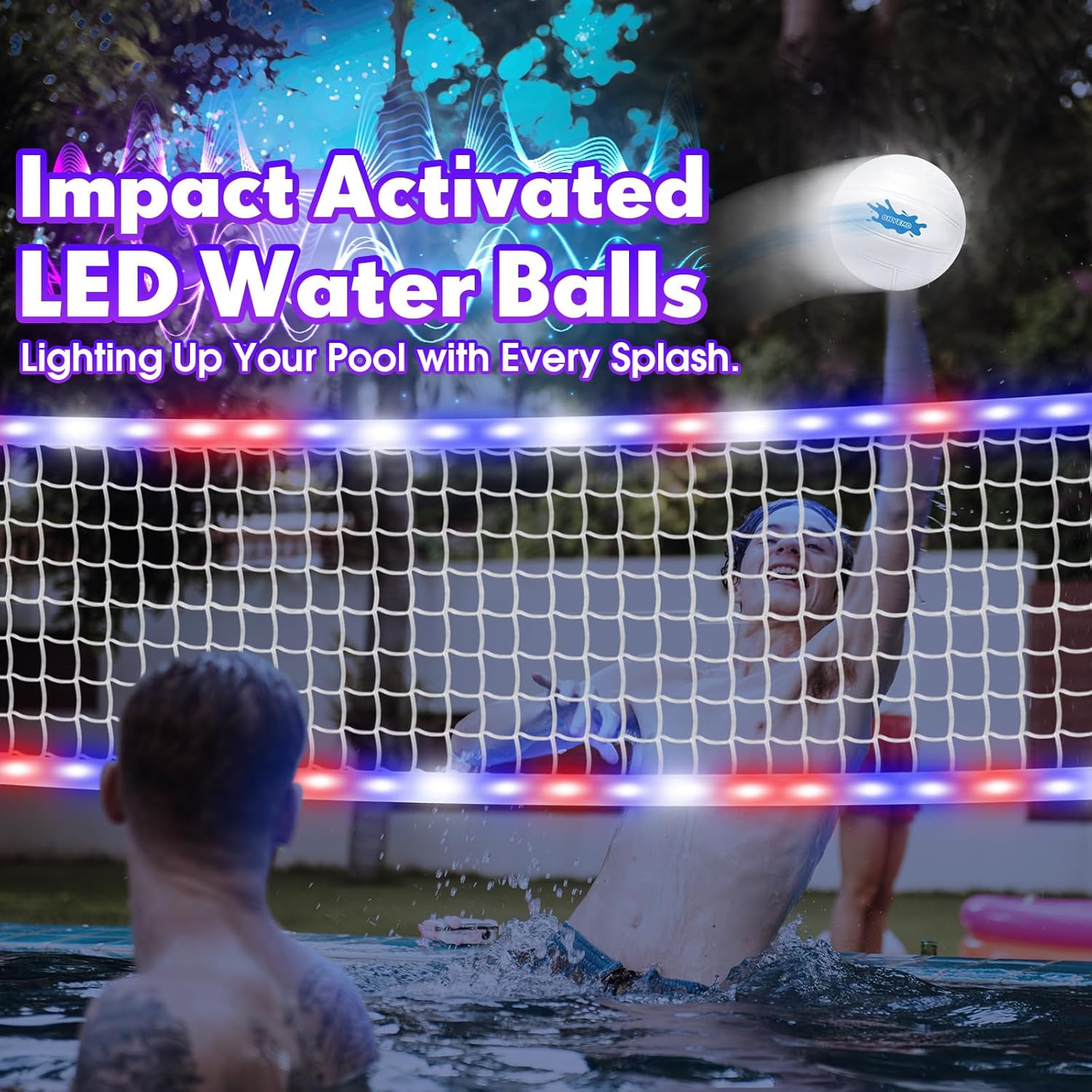 2-in-1 LED Pool Volleyball & Basketball Game Set, Light Up Pool Sport Combo Set with 14in LED Rim/4 Glow Pool Balls/2 Base/Pump, Inground Swimming Pool Toy Game for Adults & Family