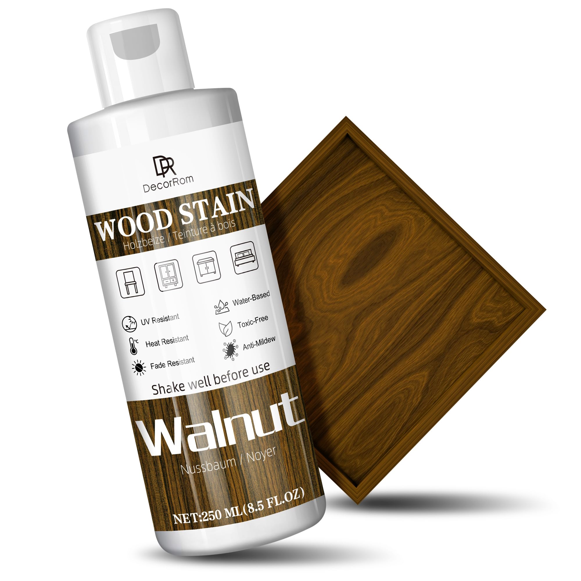 Walnut Wood Stain, 250ml Water Based Wood Stain, Matte Wooden Dye Fast Curing for Indoor and Outdoor Wooden Furniture, Doors, Window, Wardrobe, Paneling, Cabinets Low Odor Non-Toxic & Long Lasting