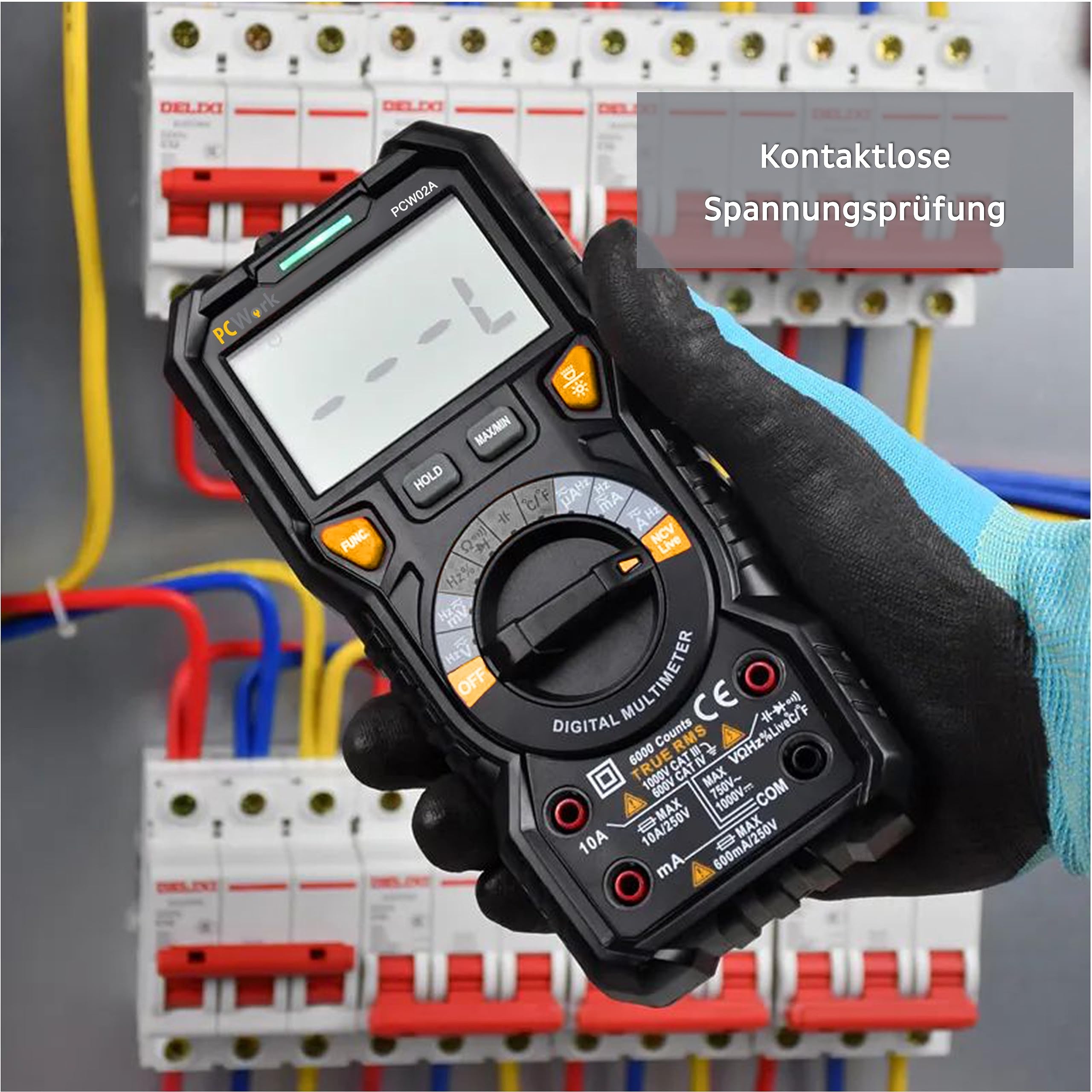 Multimetro digitale professionale PCW02A, multimetro 1000 V, TRUE RMS, grande display LCD, range auto, prese LED illuminate, misuratore di corrente, tester di continuità, misuratore di capacità