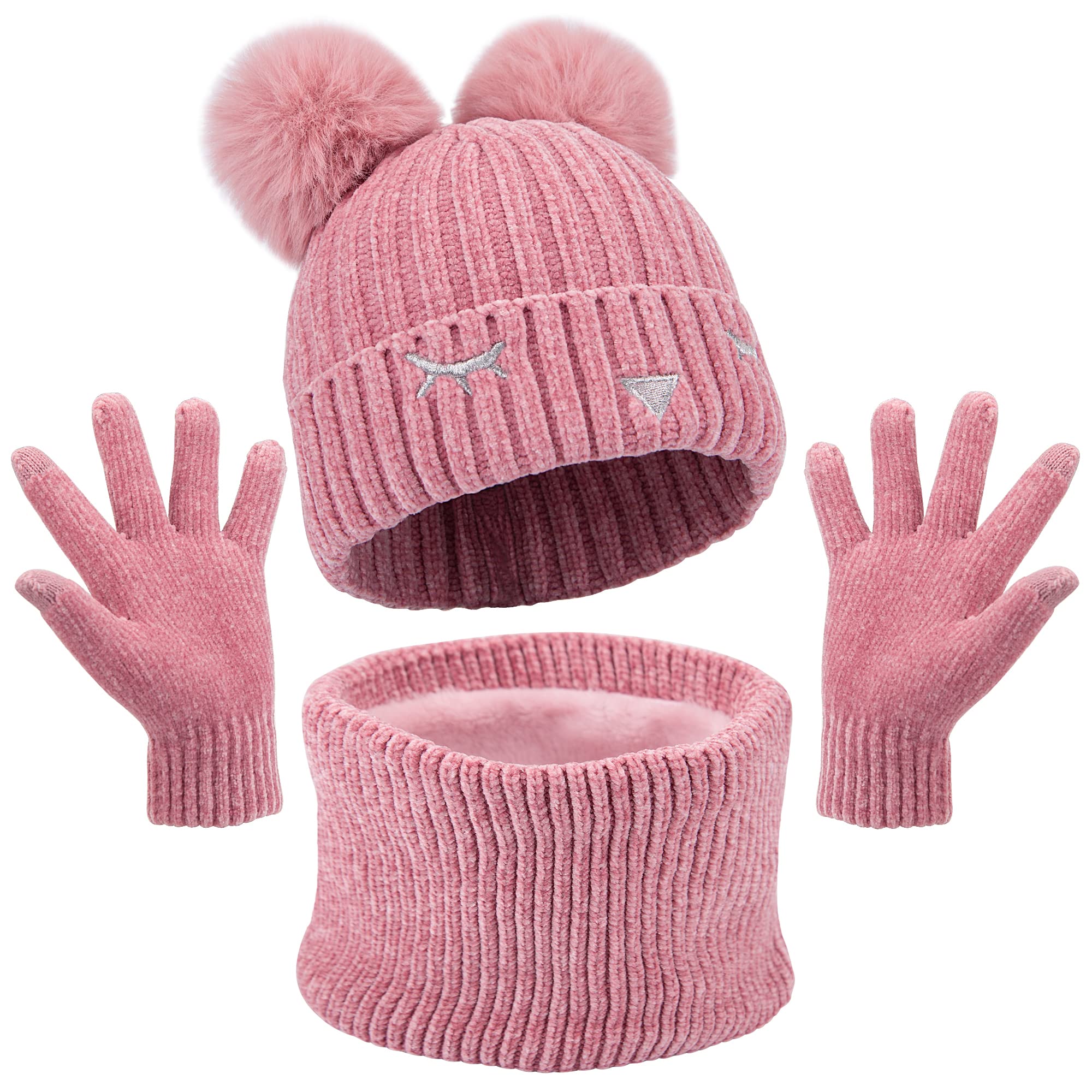 MAYLISACC Gorro Guantes y Bufanda Niño, Gorro Invierno Niña de Chenille Bello Braga de Cuello con Forro Polar y Guantes Tactiles Movil de Alta Elasticidad para 5-10 Años