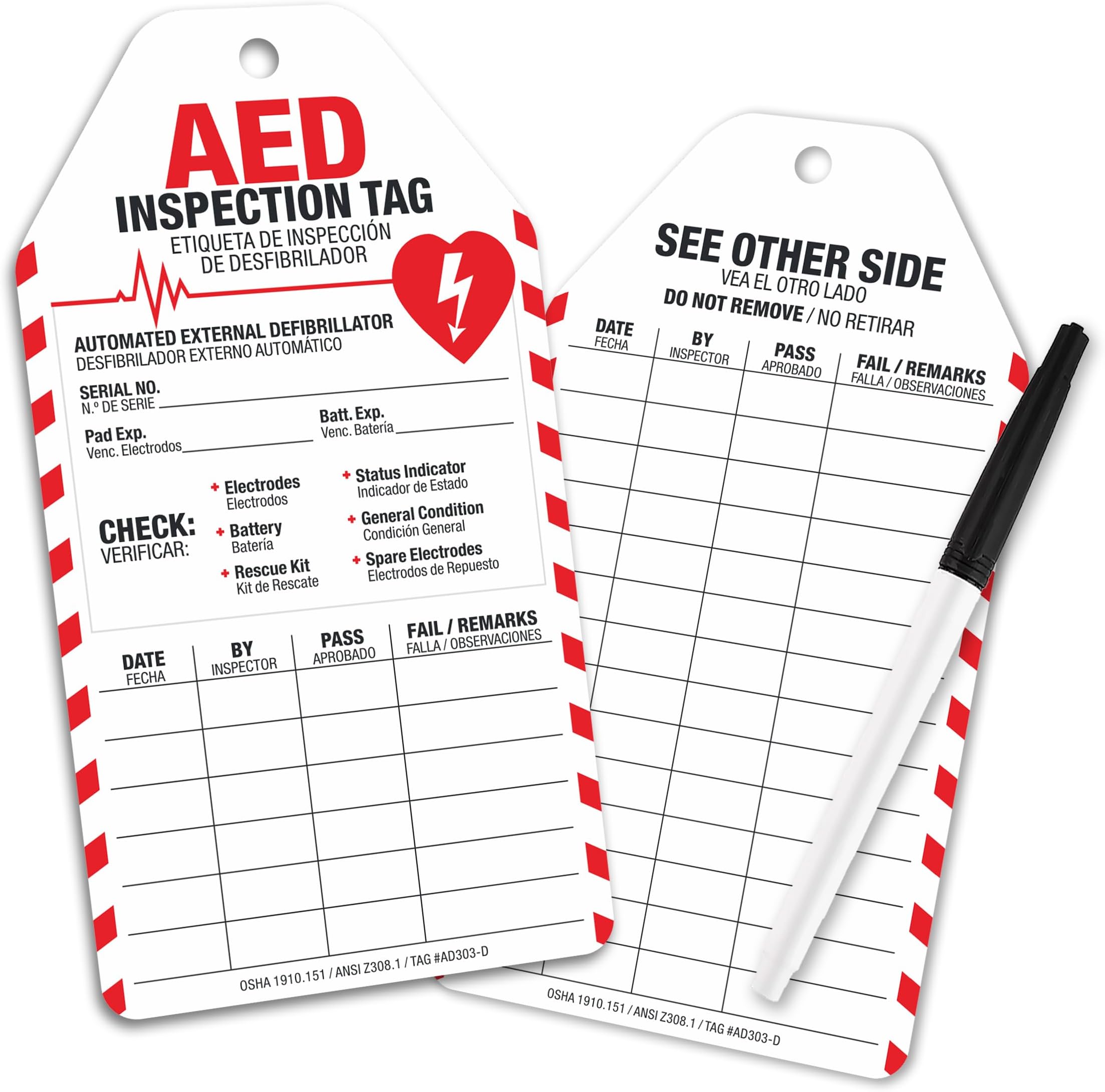 AED Inspection Tags 25 Pack, Waterproof PVC Tags for OSHA Workplace Safety | English & Spanish, Tear-Resistant, Writable Monthly Checklist, 25 Zip Ties & Marker, For AED Cabinets and Stations
