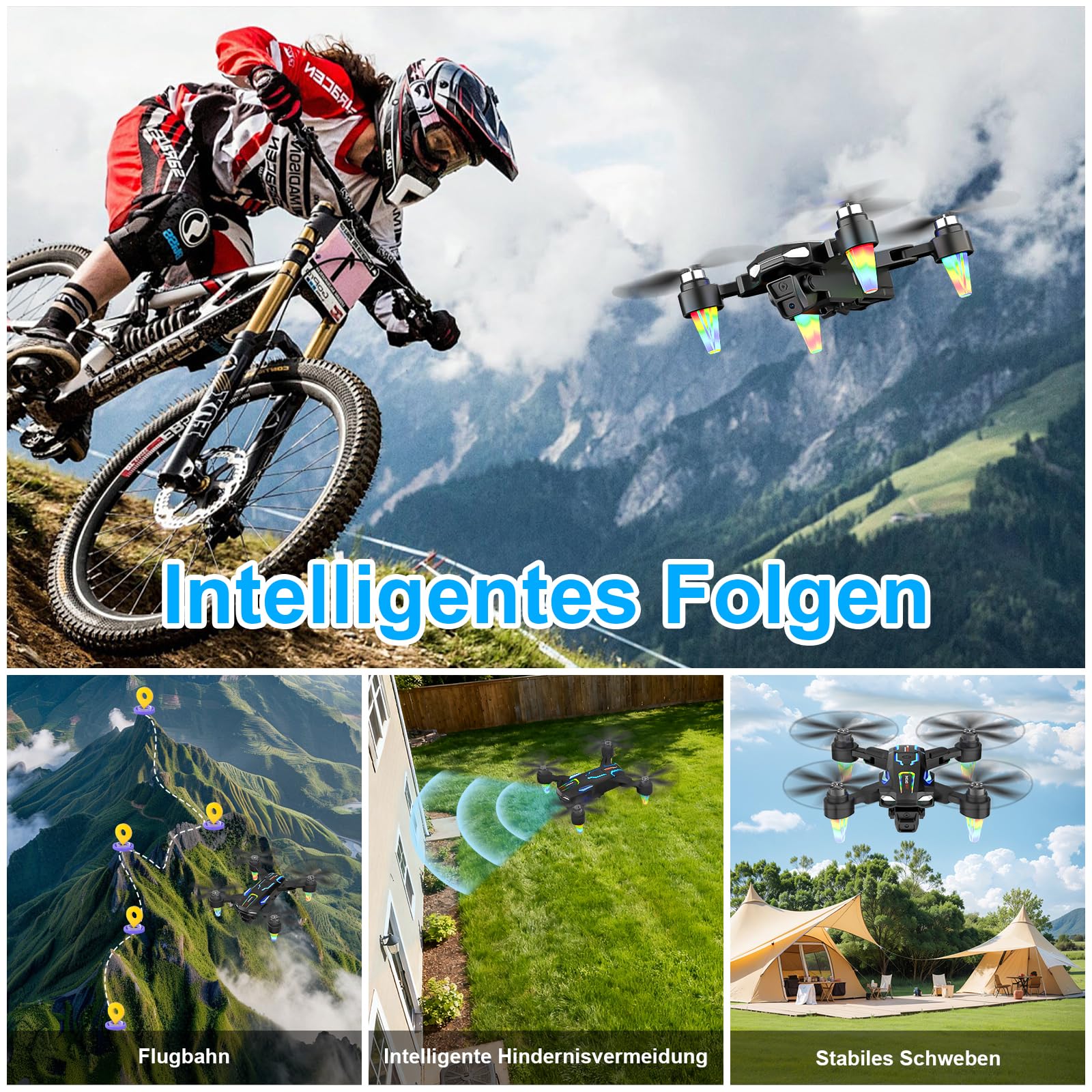Drohne mit Kamera 4K, GuKKK Mini Drohne mit 2 Kameras HD, Faltbare FPV Drone Live Übertragung, Kamera Elektrisch Verstellbarer mit 2 Batterien,RC Drones WiFi FPV Übertragung Quadcopter für Anfänger