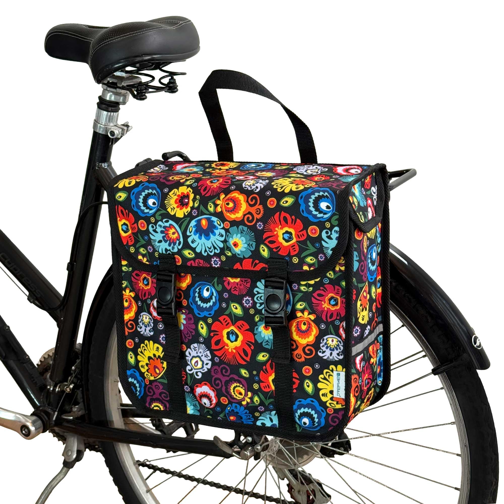 BikyBag Classic One - Waterproof Single Bicycle Pannier – 13L Rear Rack Bike Bag with Quick-Release System (Folk Flowers)