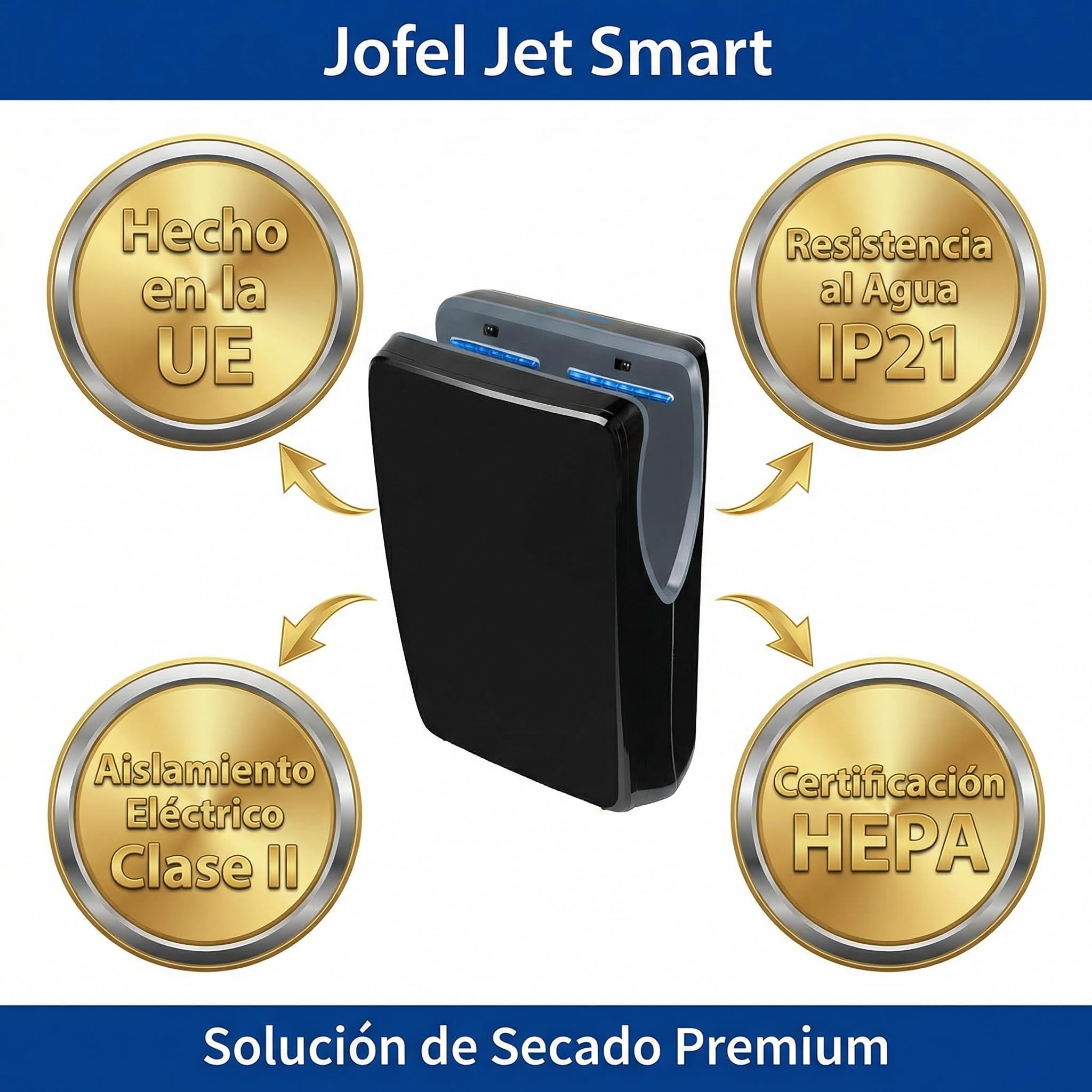 Secador de Manos Comercial Jofel Jet Smart de Alta Velocidad, Cortina de Aire Automática (540 Km/h, 1500W), Montaje en Pared con Filtro HEPA, Carcasa ABS Antibacteriana, Hecho en la UE, Negro Mate