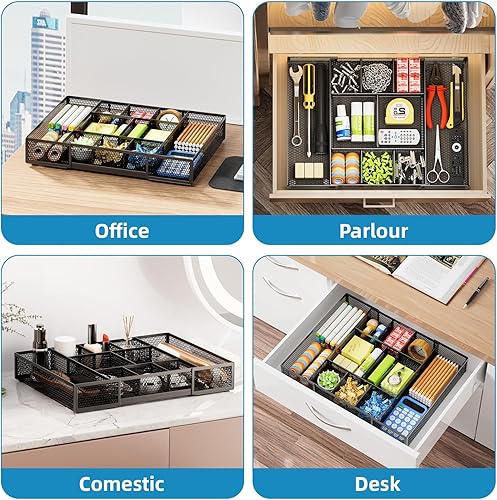 Miniatura 4 de Marbrasse Organizador de cajones de escritorio expandible, bandeja organizadora de cajones de malla con 10 compartimentos ajustables, organizadores