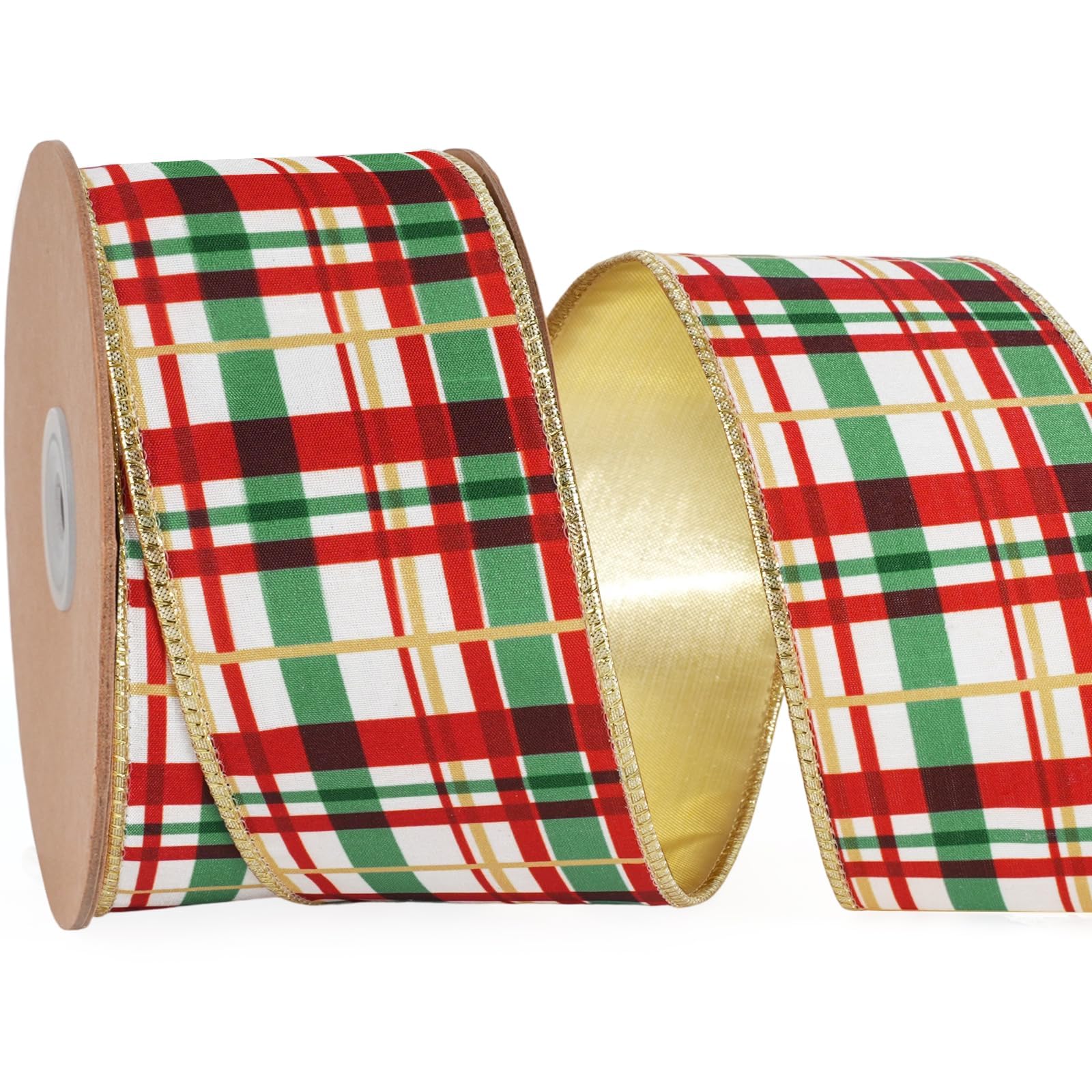LaRibbons Red Green Plaid Wired Christmas Ribbon, Gold Metallic Back