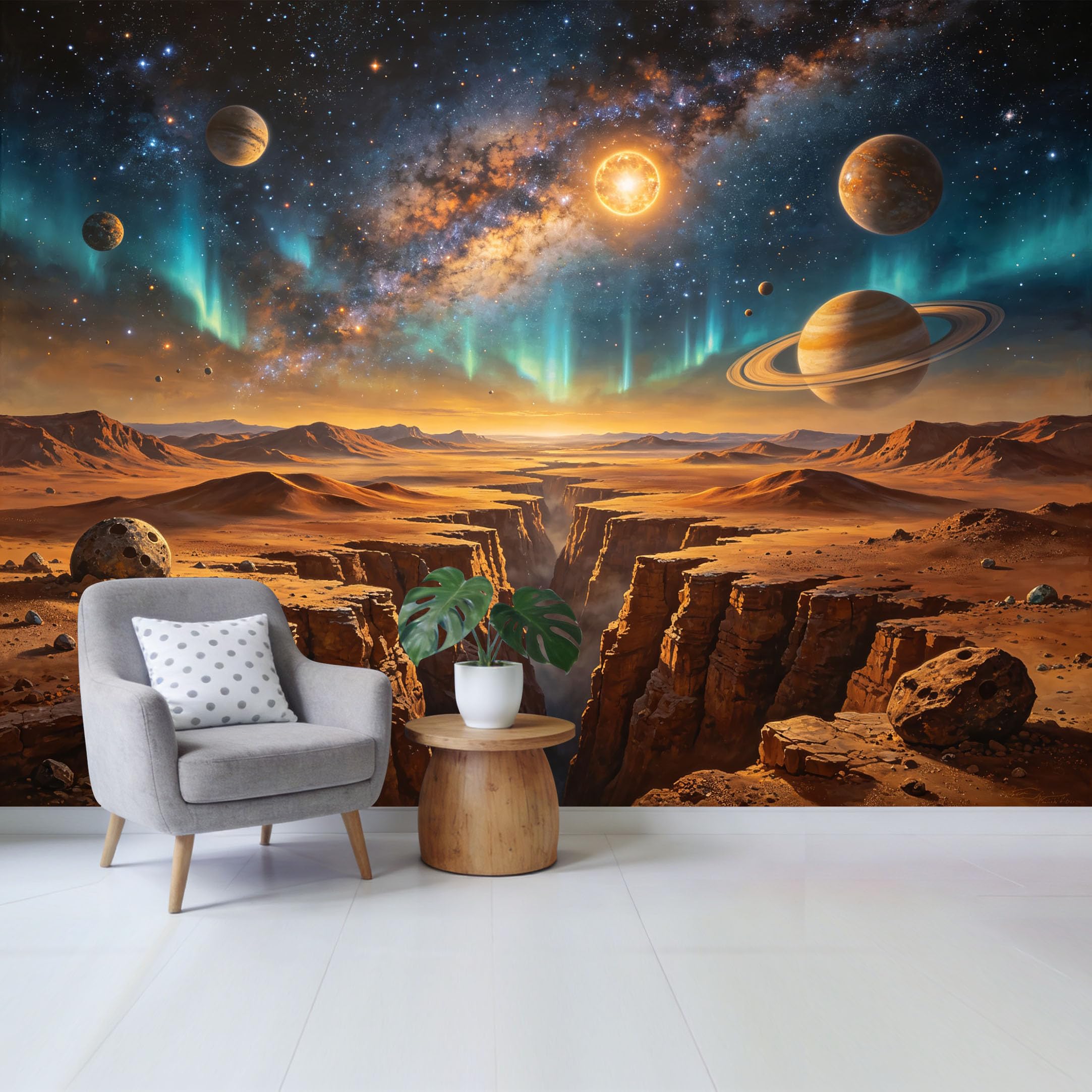 Custom Size Wall Mural Cosmic Landscape Galaxy Planets Saturn Aurora Sky 3D Space Horizon Removable Self Adhesive Fabric， Home Wall Decor for Living Room Bedroom Bathroom