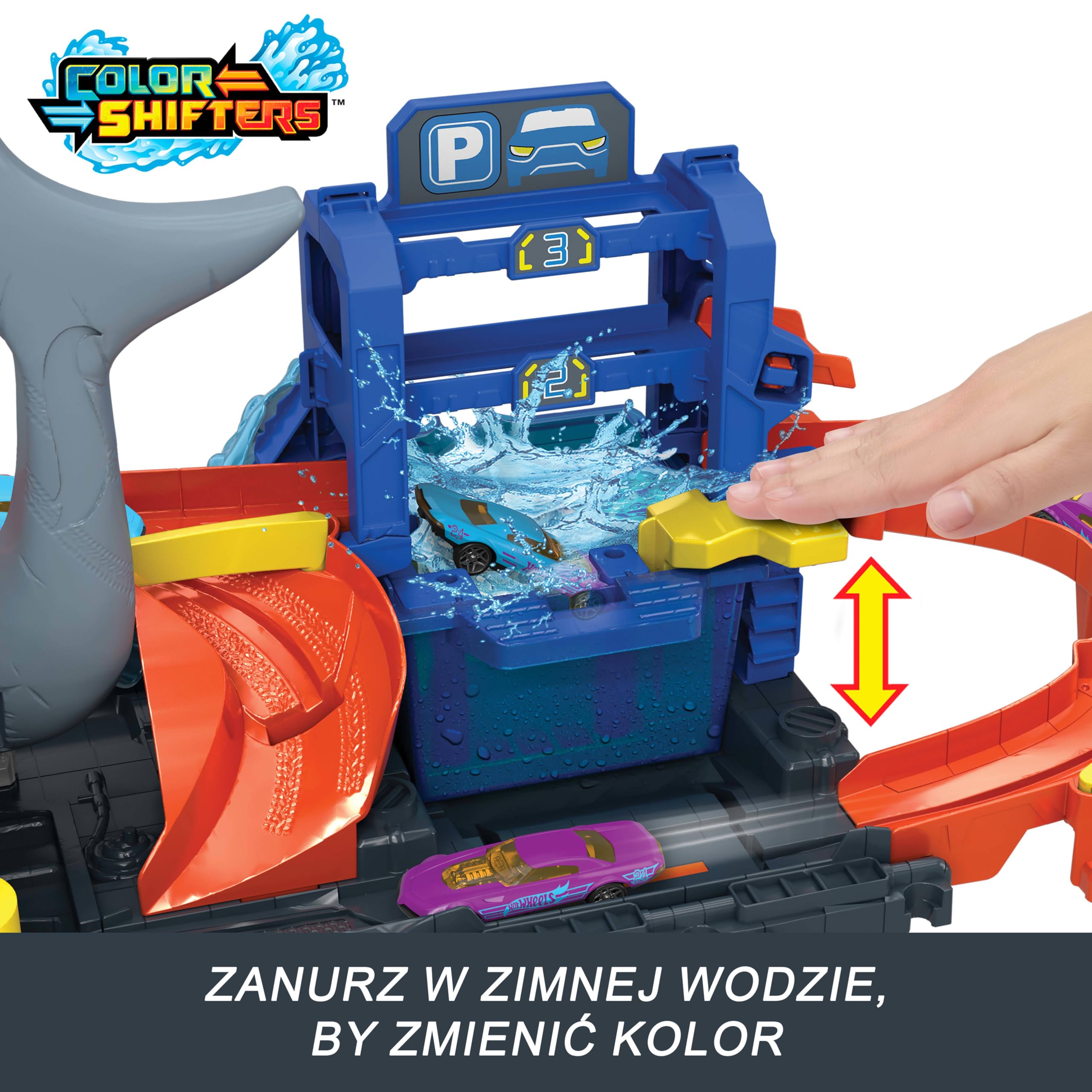 Hot Wheels City Ultra „Let's Race – Na start!” Netflix - Myjnia Rekina Zestaw do zabawy z pojazdem Color Reveal w skali 1:64 i z funkcją zmiany koloru + miejsce do przechowywania, HTN82