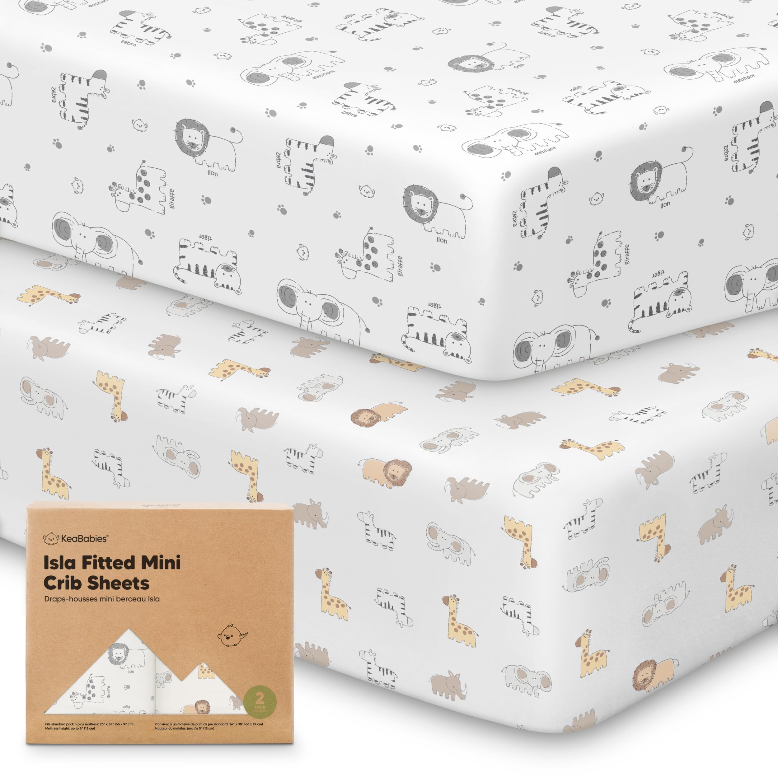 Pack and Play Sheets Fitted - 2-Pack Mini Crib Sheets for Pack N Play Mattress 38x26, Soft & Cozy, Neutral Toddler Playard Bedding, Snug Fitted Mini