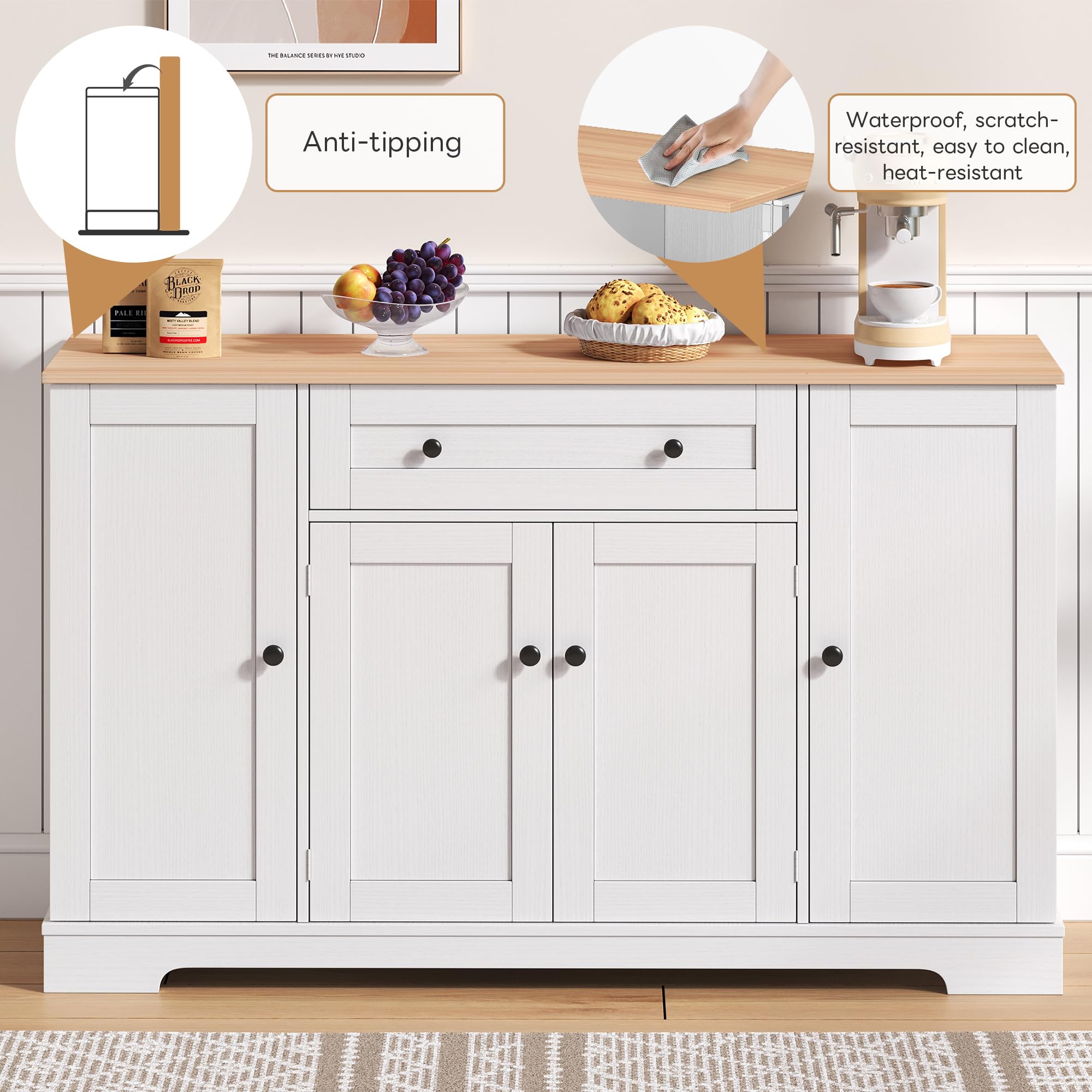 Credenza Cucina, Mobile da Cucina con 4 Ante e 1 Cassetti, Credenza da Sala da Pranzo con Ripiani Regolabili, Mobile Multiuso, Buffet Moderno per Soggiorno con Portaspezie, 138x40x85cm (Legno)