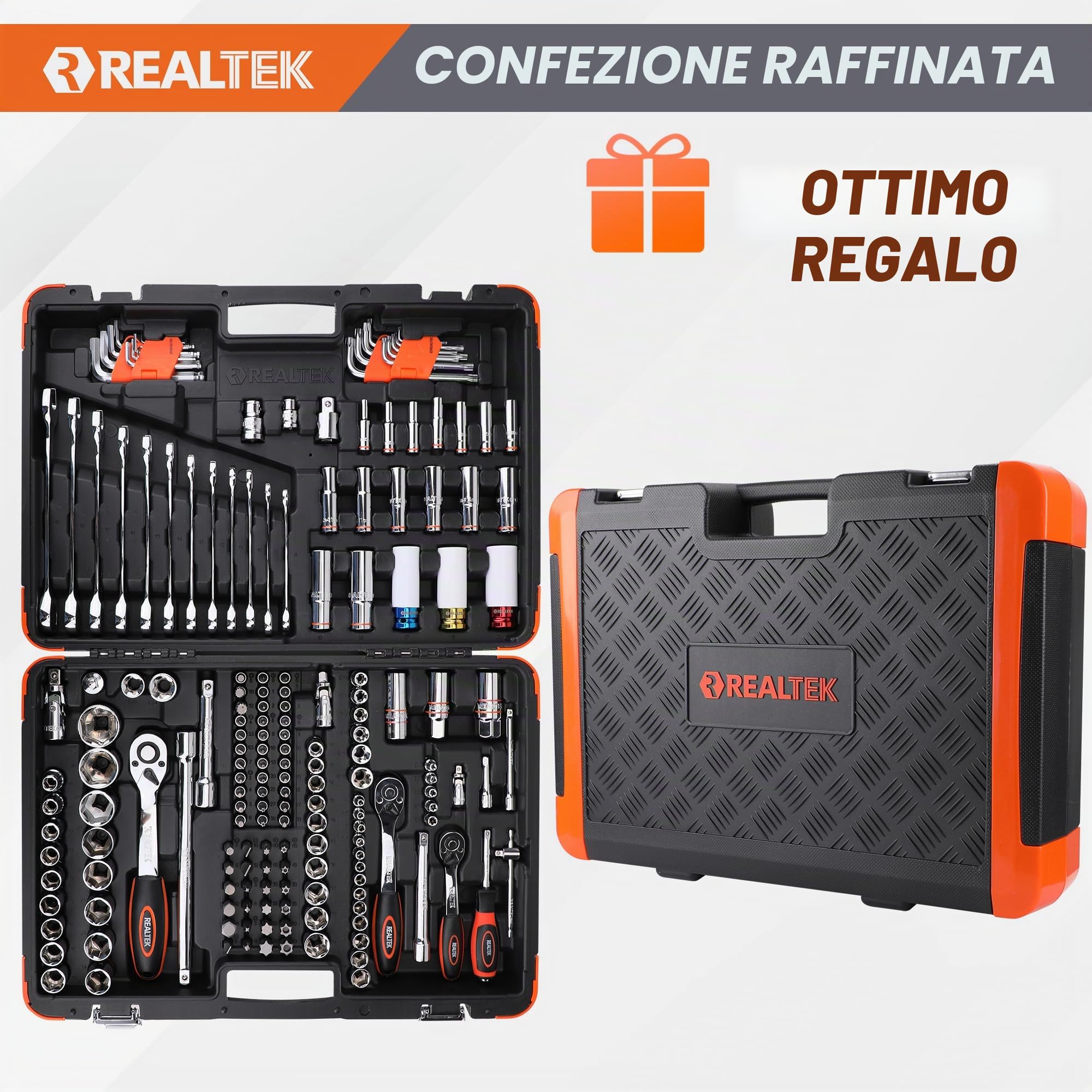 REALTEK Set Chiavi a Bussola, Chiavi a Cricchetto 1/4''+3/8"+1/2'' 178 Pezzi, 72 denti, Cr-V, Adatto per Lavori su Biciclette e Automobili le riparazioni