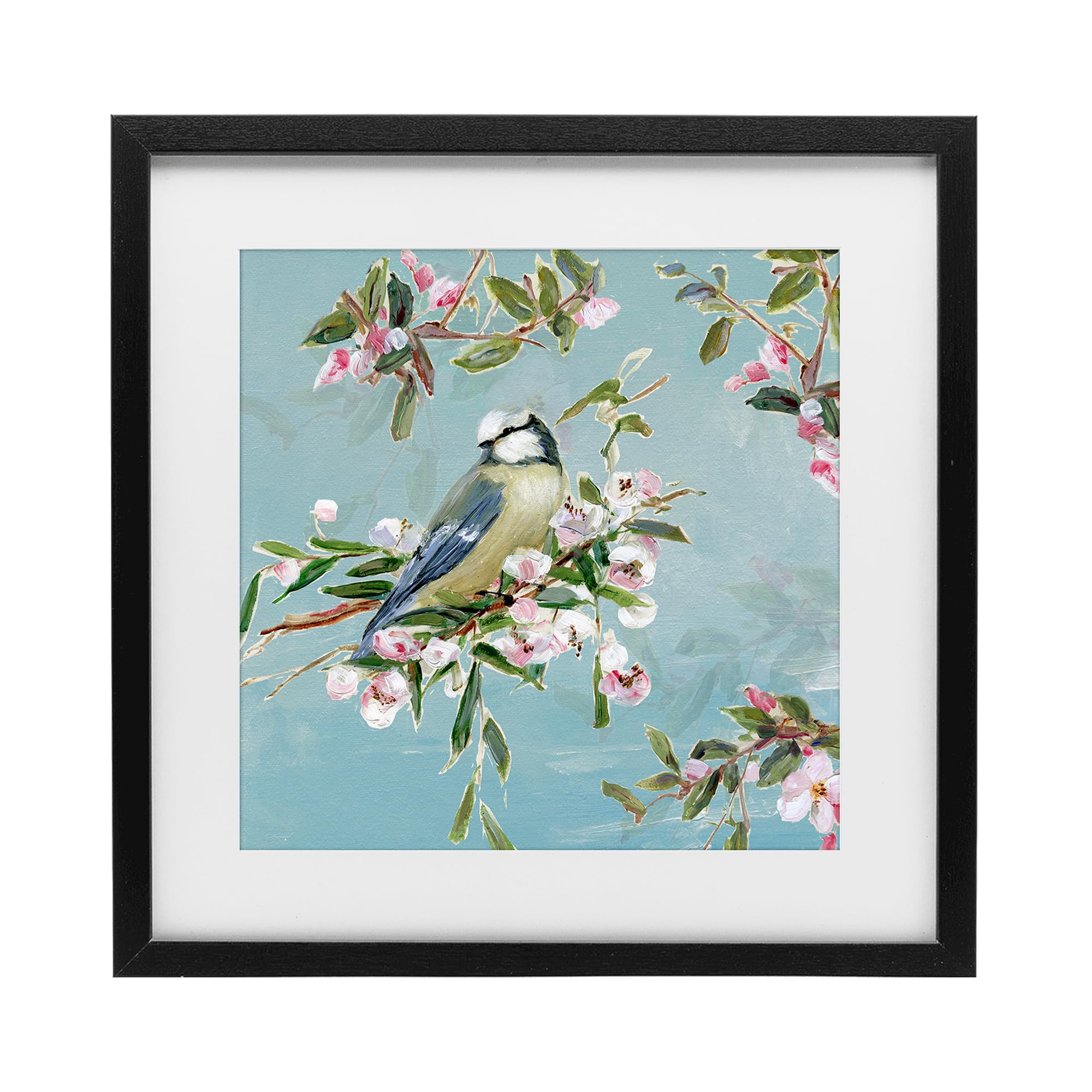 Stupell Industries 'Songbird Perched on Blooms', Framed Print Under Glass, Black, 13 x 13 Inches, Easy to Hang and Sturdy, Made in USA, by Sally Swatland