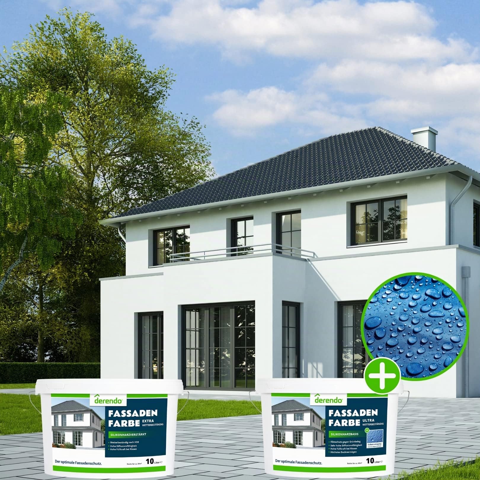 derendo Fassadenfarbe Gelb EXTRA silikonharzverstärkt aussen Cremegelb 10l | Für Putz Beton, Abperleffekt, wasserabweisend, UV-beständig, hohe Deckkraft, rissfüllend, diffusionsoffen, Made in Germany