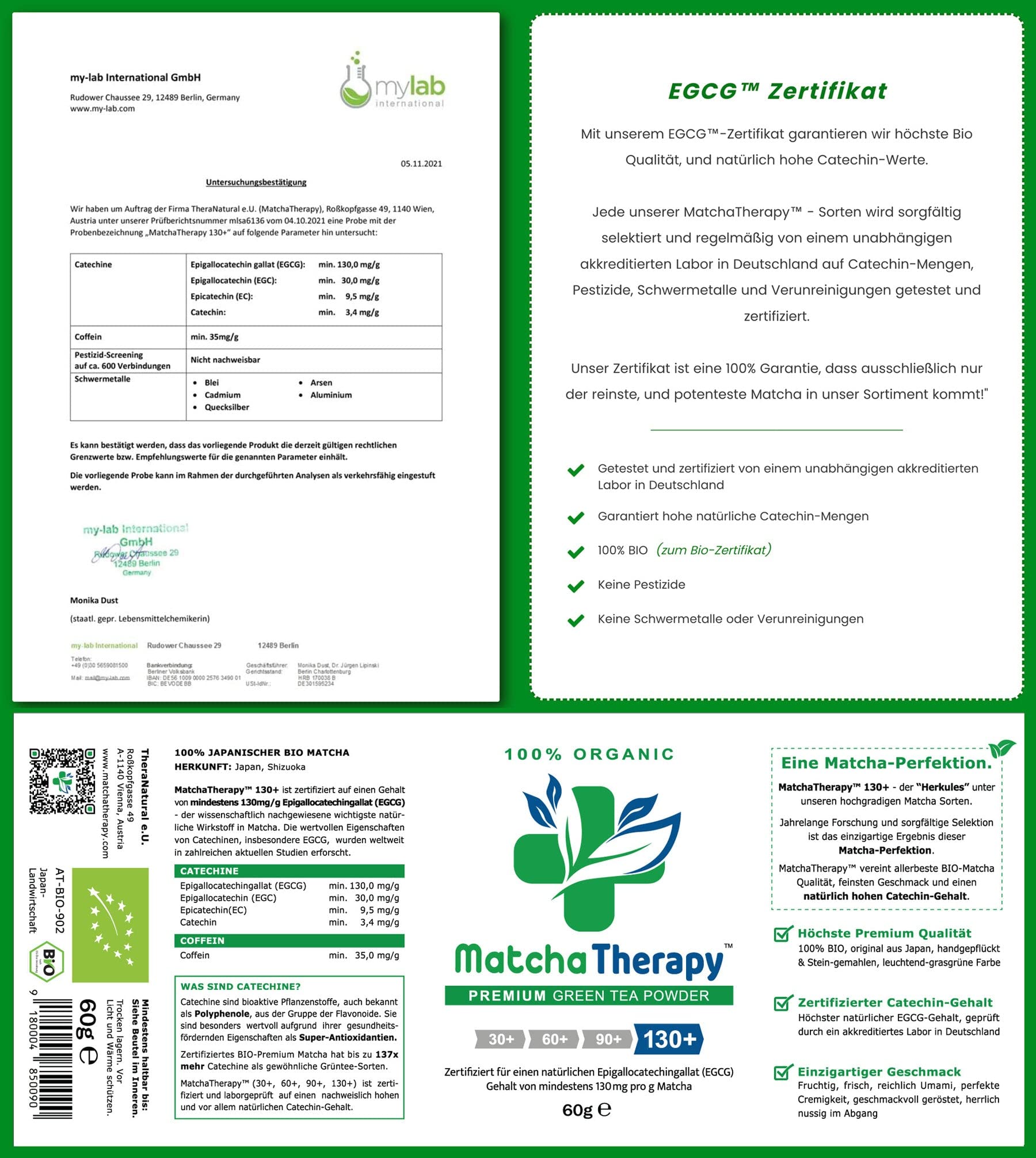 MatchaTherapy 130+ SET | BIO Matcha Tee Pulver 60g + Matcha Mixer + Matcha Messlöffel | Mit mindestens 130mg/g geprüftem EGCG-Catechin-Gehalt | Premium Grade | Grüntee aus Japan