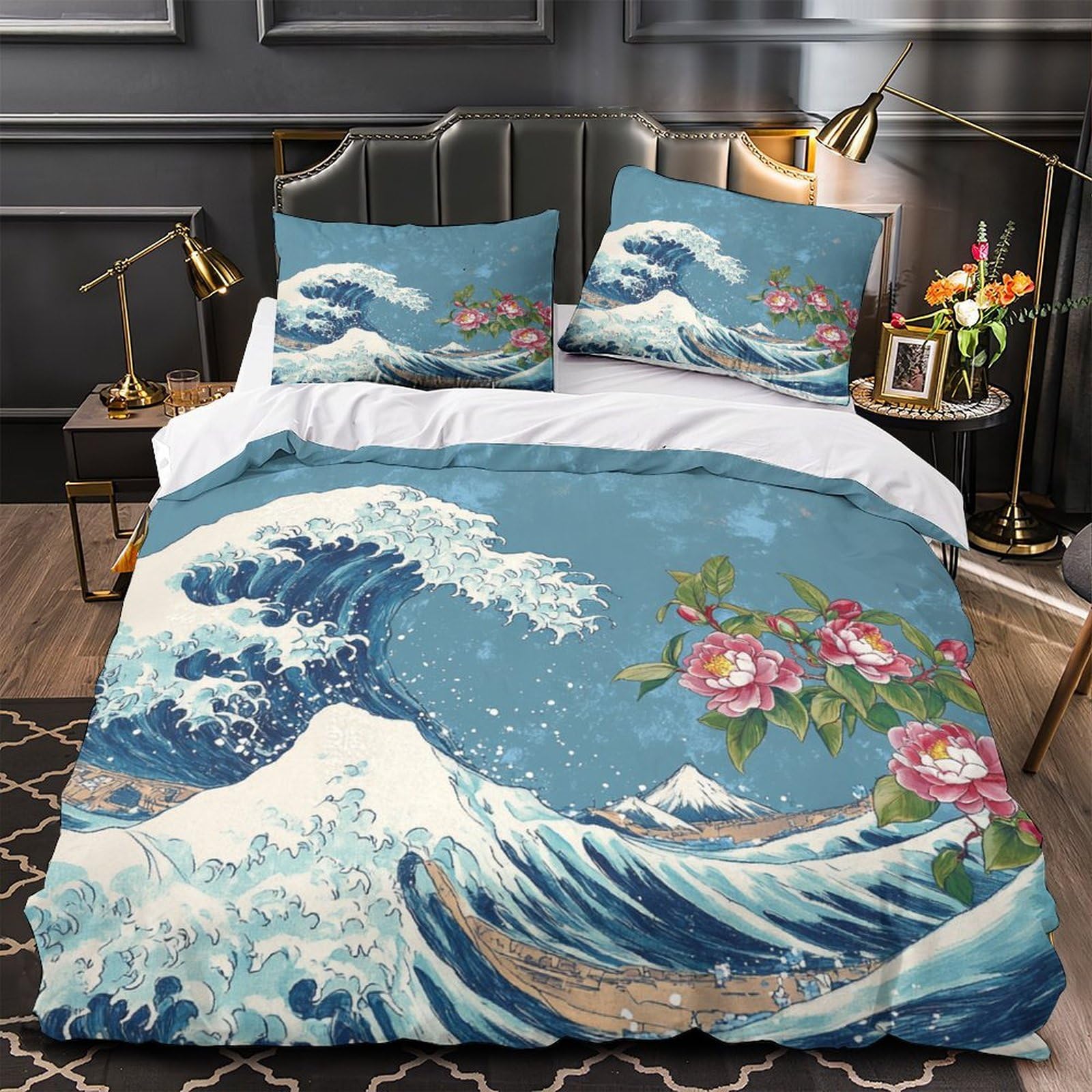 Housse de couette microfibre anti-decoloration et anti-tache motif vague japonaise