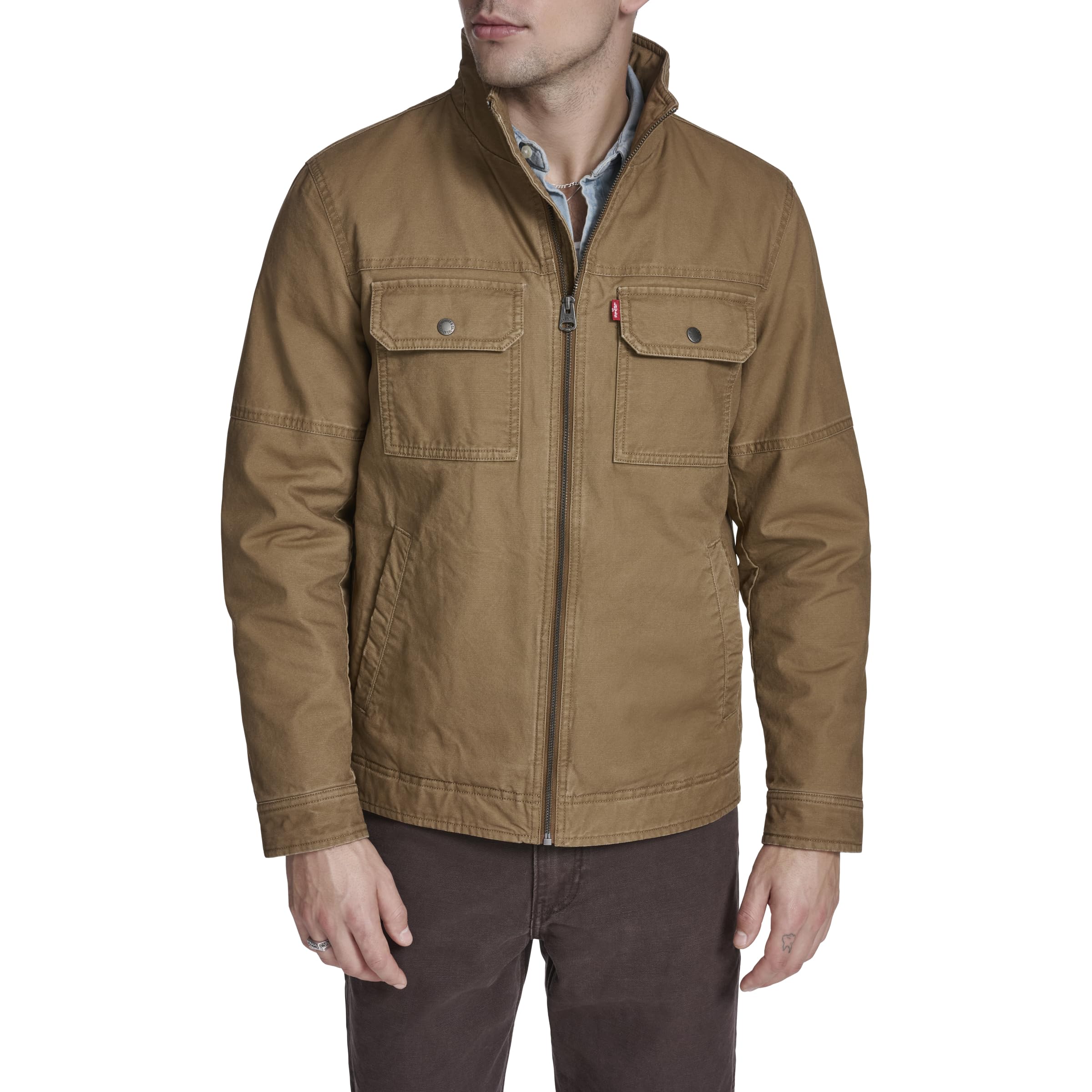 Levi's Herren-Militärjacke aus gewaschener Baumwolle mit zwei Taschen (Standard und groß und groß), New Brown Lightweight, L