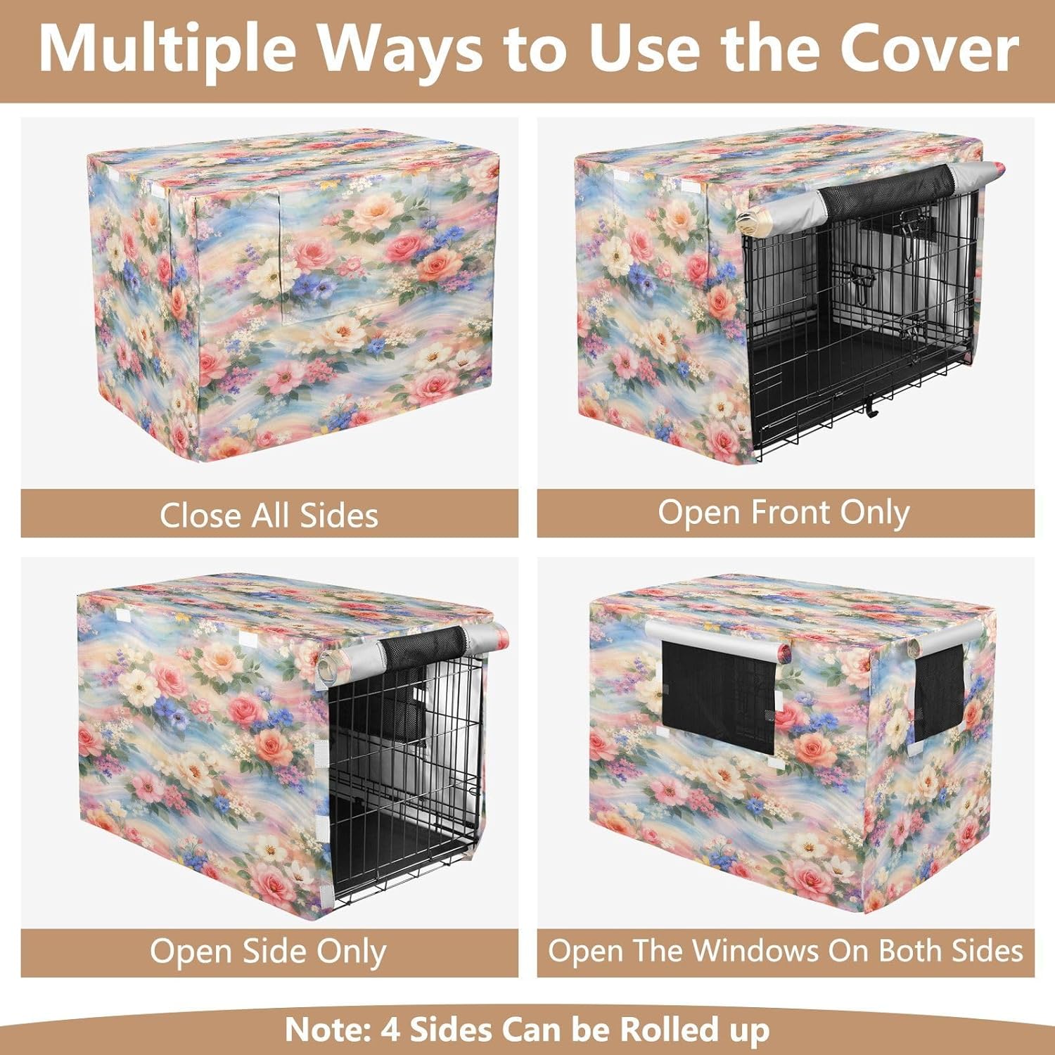 Allover Floral Pattern Dog Crate Cover 600D Oxford Pet Kennel Cover with Mesh Window for Dog Cages, Windproof Waterproof Machine Washable, 42"x28"x30"