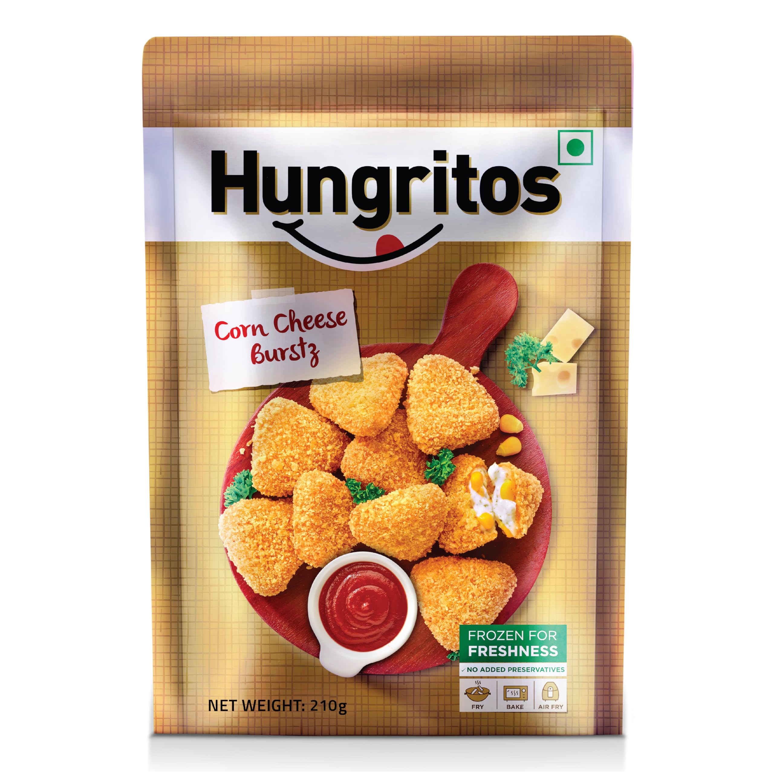 Corn Cheese Burstz | 45% Real Cheese | Crispy and Cheesy | Anytime cravings | Party Appetizer | Evening Snack | Zip Lock Seal Pack | Frozen Veg Snack | Ready-to-Cook | 210g