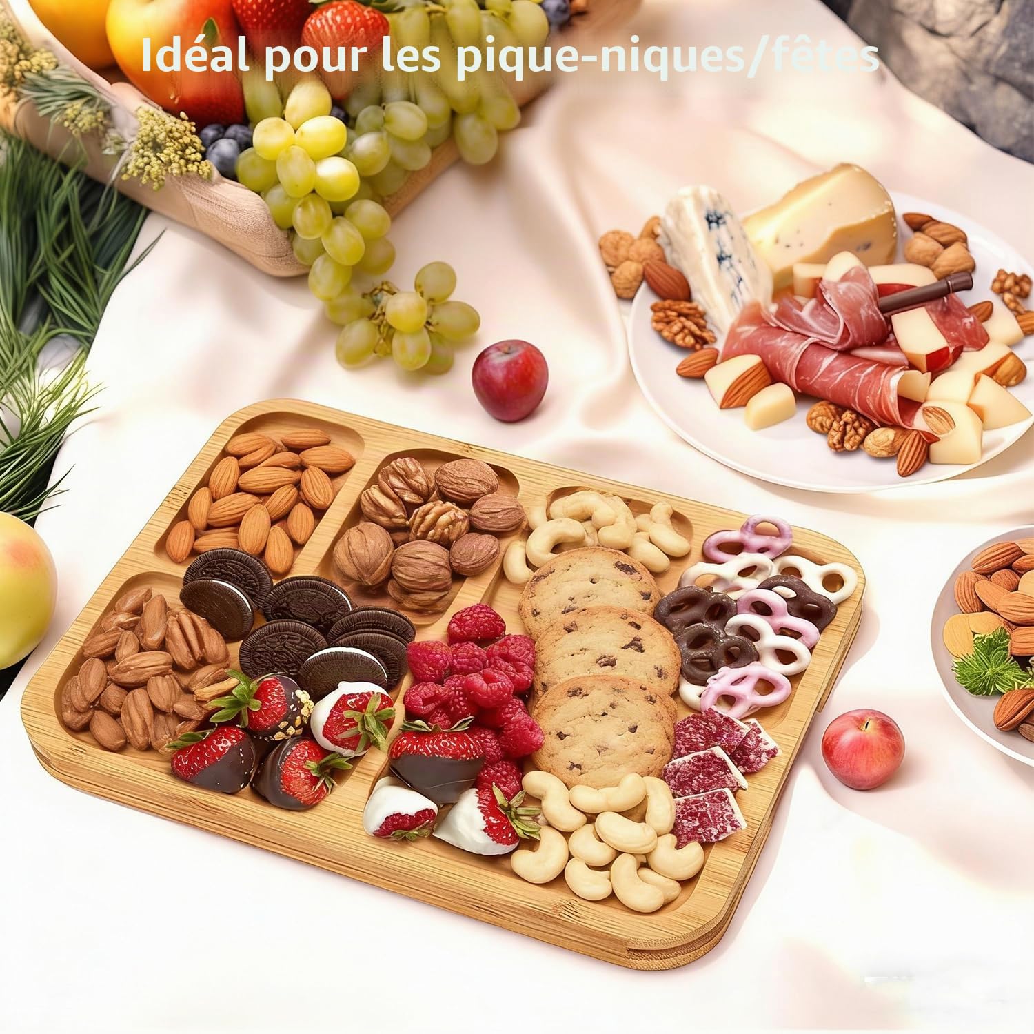 Plateaux à charcuterie avec Couvercle et poignée, Plateau à Fromage Portable en Bambou à 6 Compartiments, Plateau de Service pour charcuterie, Fruits et collations (Blanc)