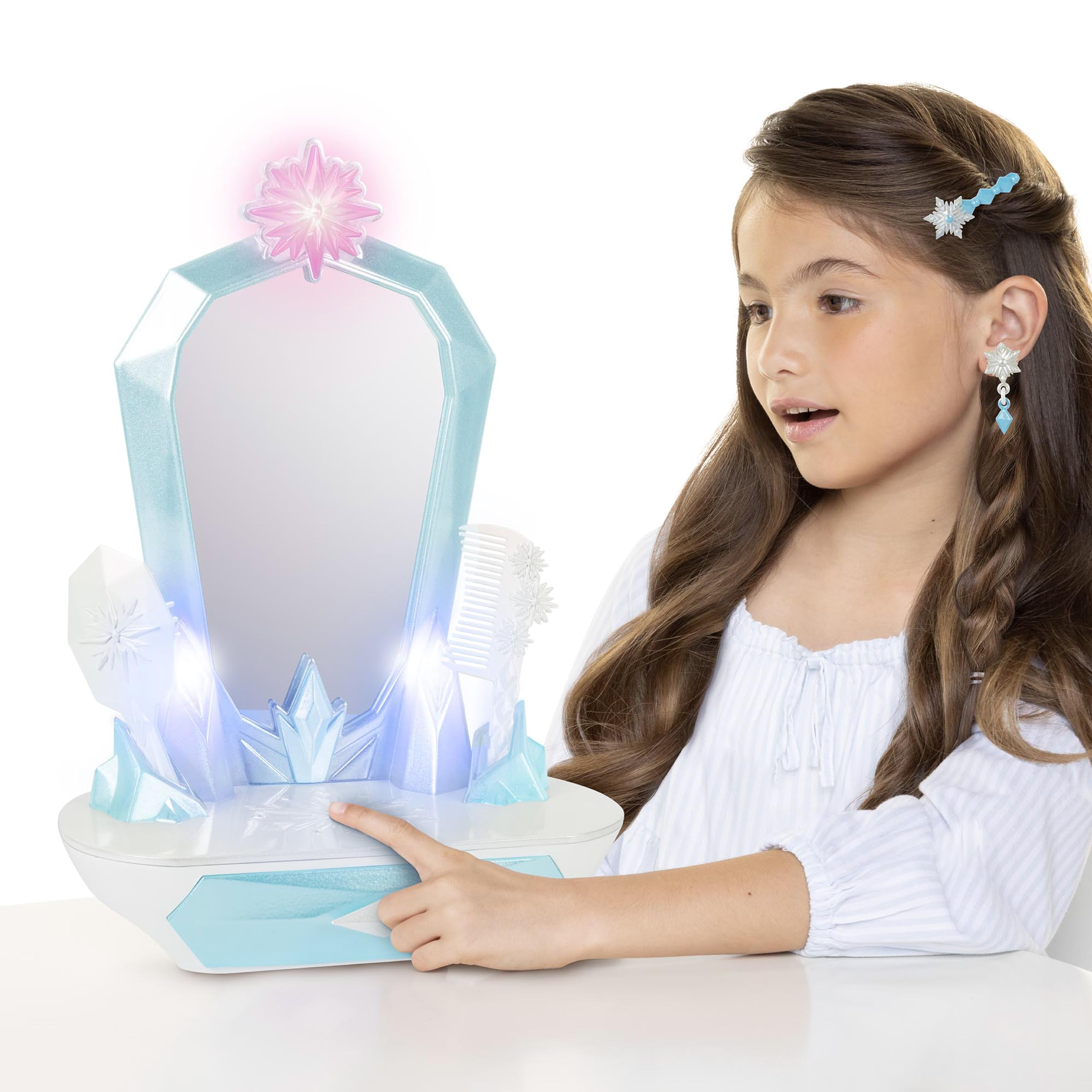 Disney Frozen Icy Table Top Vanity Tocador de Mesa Frozen con Licencia Jakks Pacific con Luces y Sonidos interactivos, Incluye guía para Hacer la Trenza de Elsa y Accesorios de Cabello