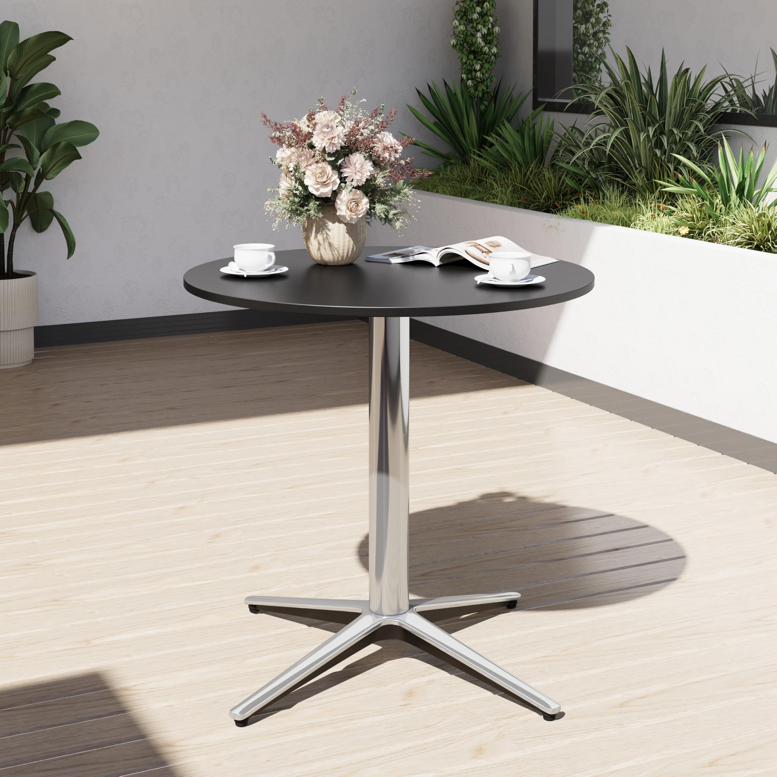PHI VILLA 2in1 Bistrotisch Rund Wetterfest Esstisch Kleiner Multifunktionstisch für Taverne Garten Balkon Küchen Tisch Ø76x74,5 cm Schwarz