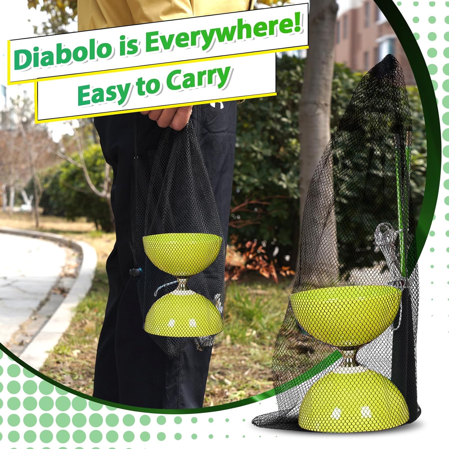 BODYRHYTHM Pro Triple Bearing Chinese Yoyo with 2 Pairs of Carbon Sticks, 4 Strings, 1 Drawstring Bag, 5” Chinese Yoyo Diabolo Toy for Adult & Kids, - Best for Fitness and Tricks. (Green)