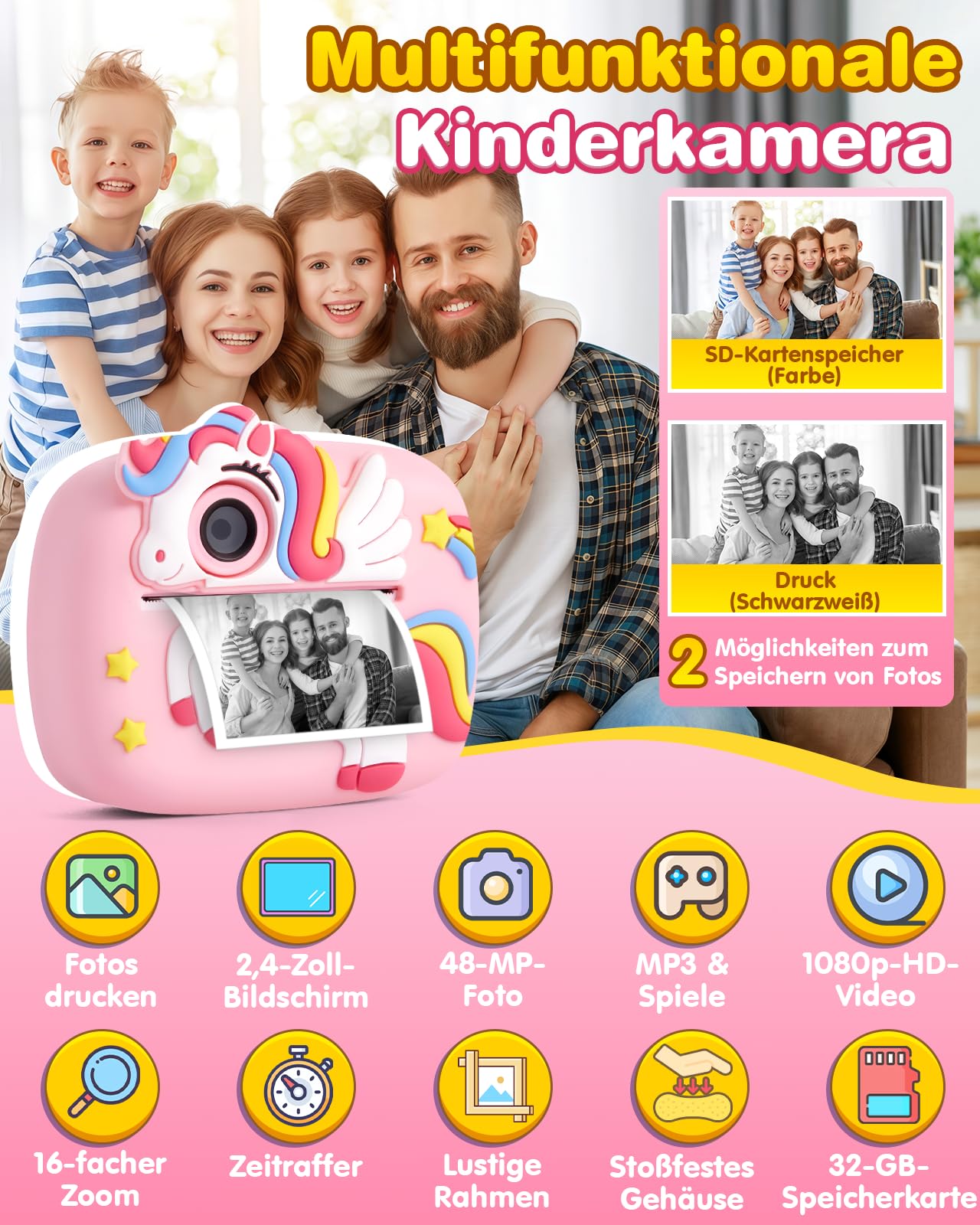 Kinderkamera, 48MP 1080P Sofortbildkamera Kinder Kamera Sofortdruck mit 32GB Karte & 4 Rollen Fotos Drucken Druckpapier, Fotoapparat Fotokamera Spielzeug Geschenke für Jungen & Mädchen von 3-12 Jahre