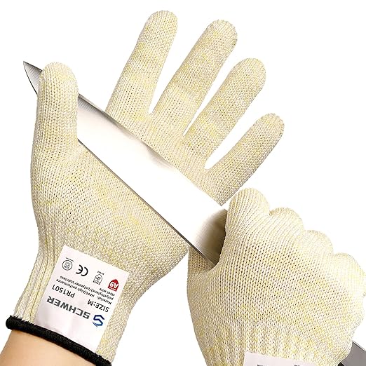 Guantes de protección al corte NIVEL A9/F, máxima protección al corte según las normas más estrictas de EE.UU. y Europa, sin PFAS, para cortar carne, pelar ostras(amarillo,L)