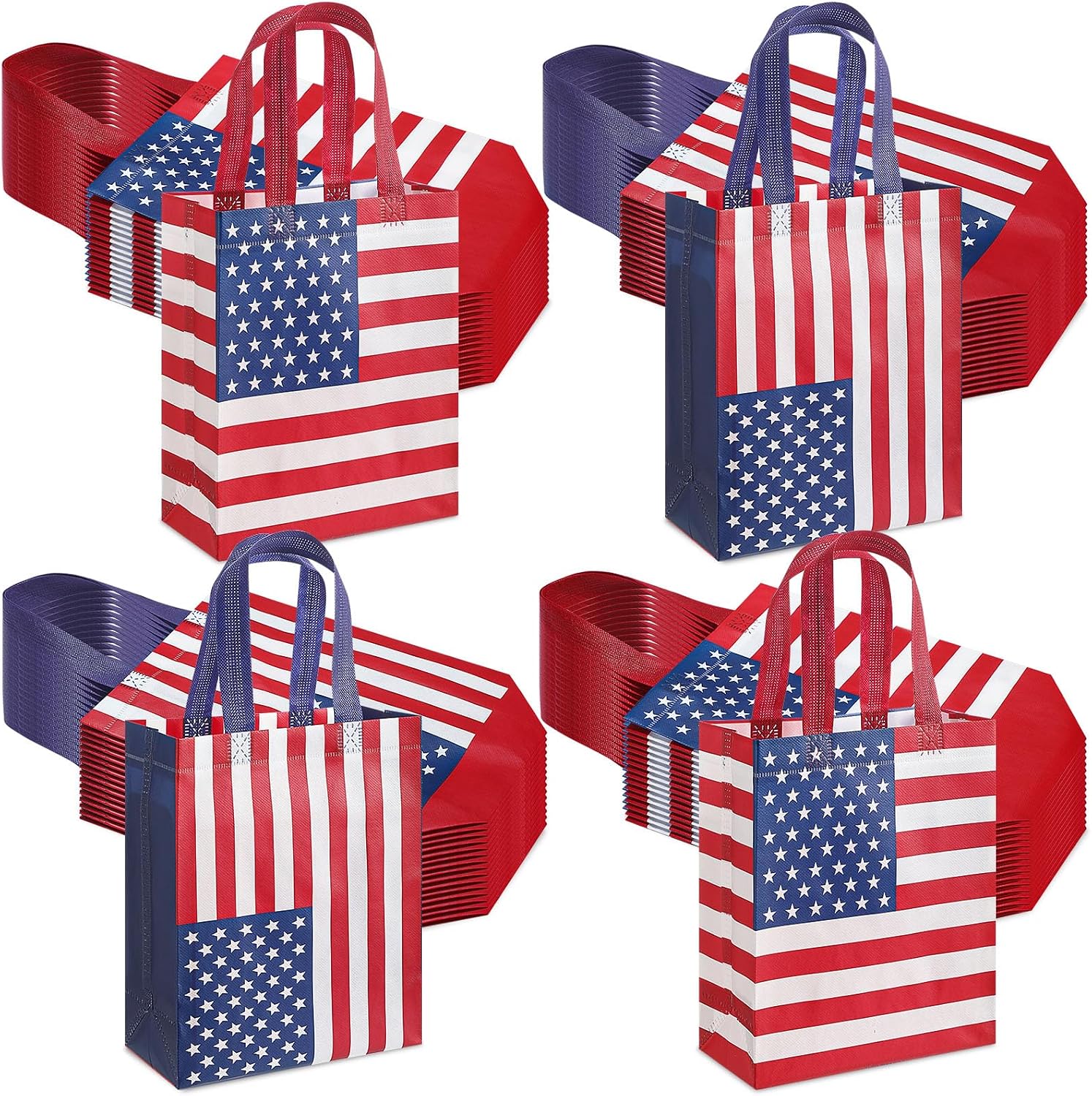 Wovnet 30 Pcs Patriotic Gift Bag with Handle 4th of July American Flag Red White Blue Party Favor Bag Reusable Non Woven Goody Treat