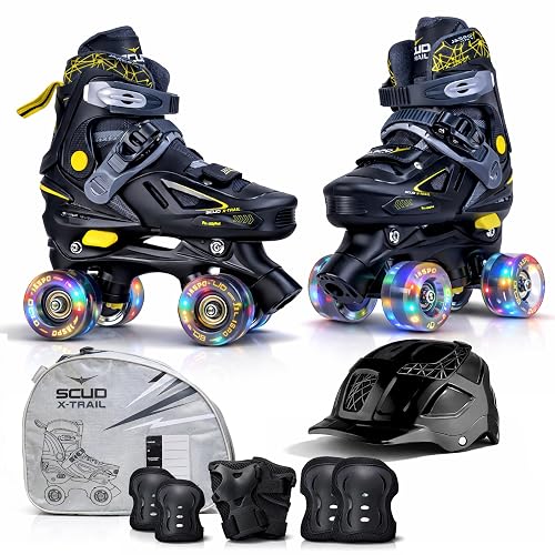 Jaspo Scud X Trail Roller Skates Combo with Helmet and Knee, Elbow, Wrist Guard, Professional Outdoor Indoor Quad-Skates for Kids & Adults, Adjustable Roller Skates with 4 Shiny Wheels (Black, Medium)
