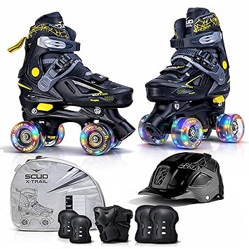 Jaspo Scud X Trail Roller Skates Combo with Helmet and Knee, Elbow, Wrist Guard, Professional Outdoor Indoor Quad-Skates for Kids & Adults, Adjustable Roller Skates with 4 Shiny Wheels (Black, Large)