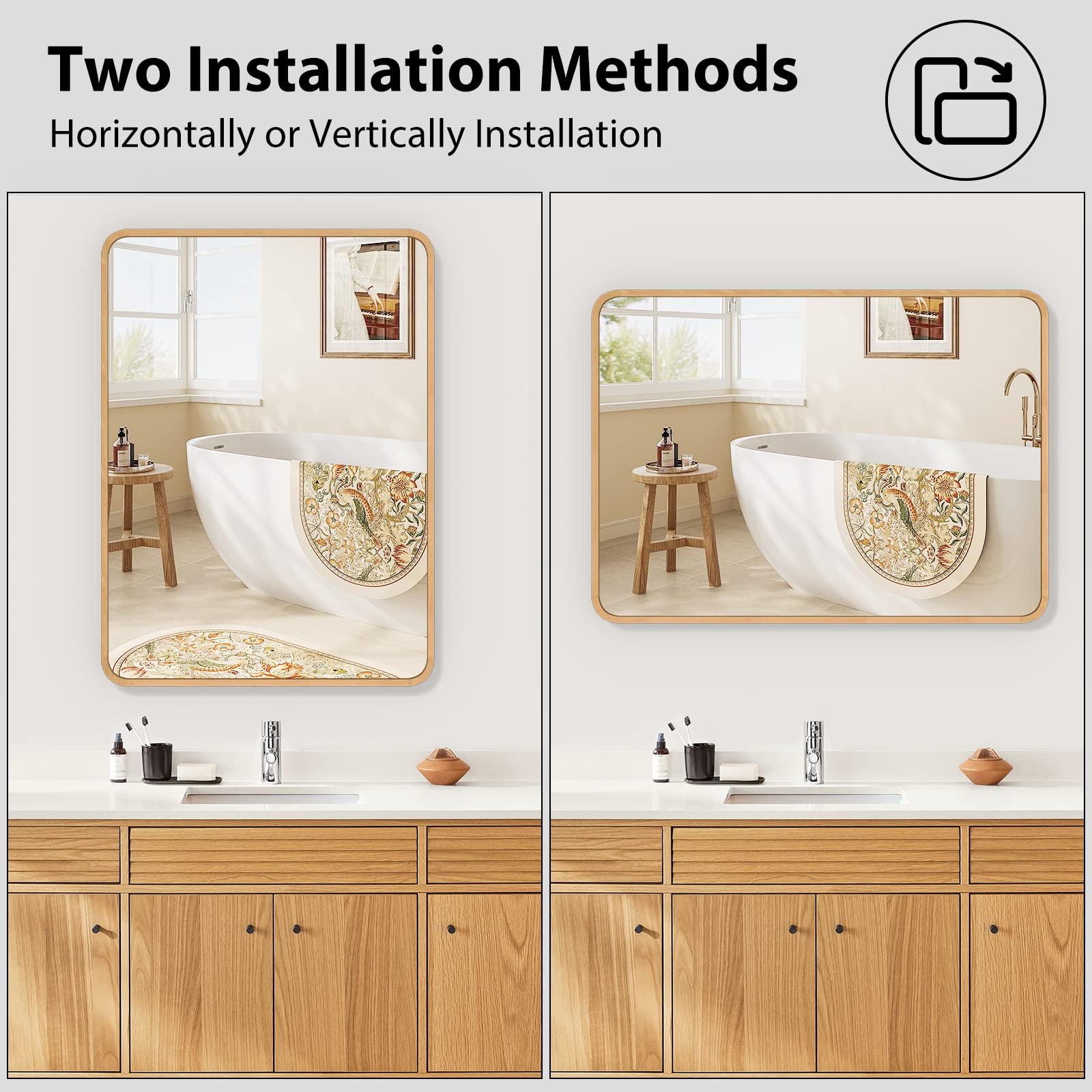 FUWU HOME Wood Bathroom Mirror for Wall 30" x 40" Farmhouse Rounded Corner Rectangle Mirror with Wooden Framed for Home Living Room Bedroom Wall Mounted Decorative Mirror (Natural Beech Wood)