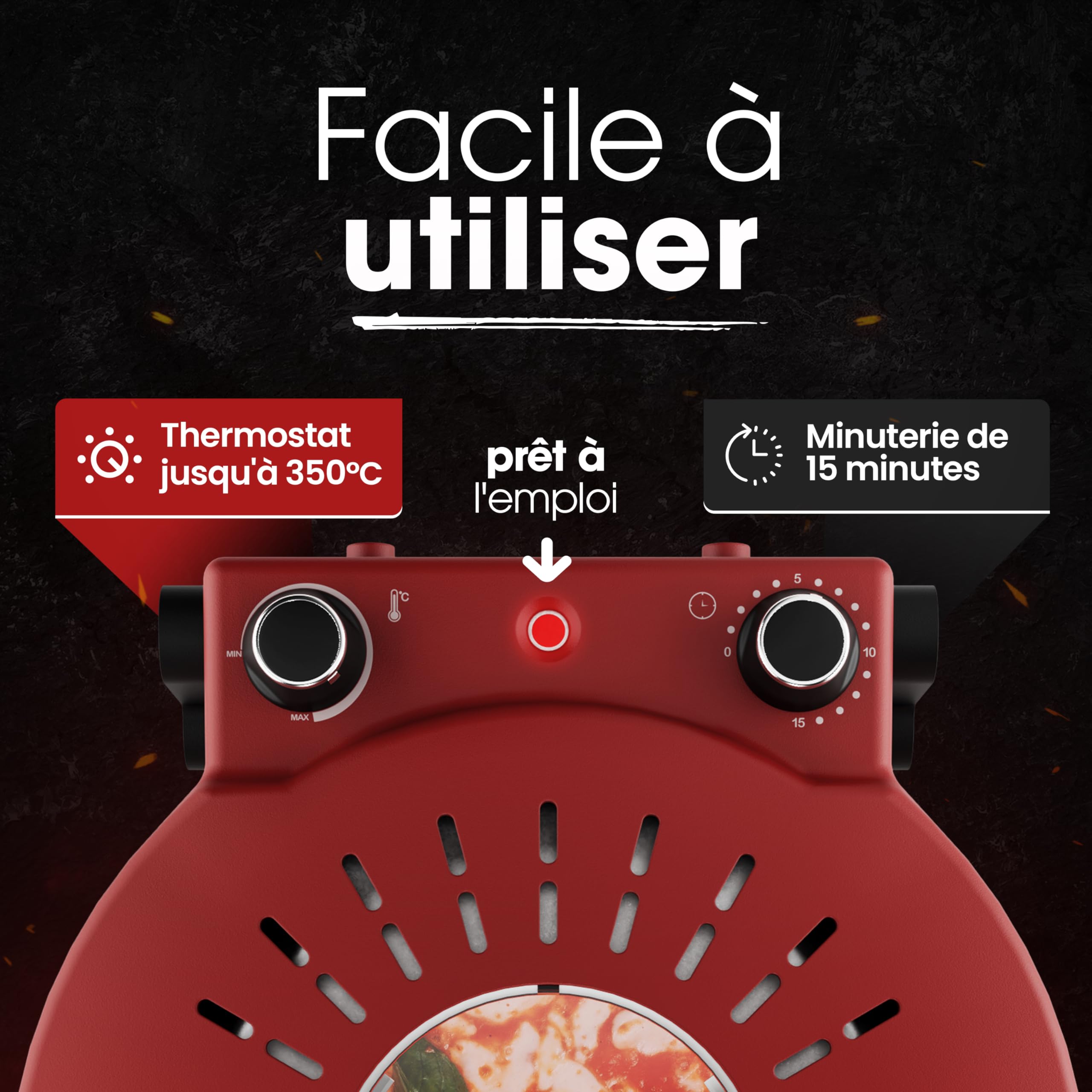 Clatronic® four à pizza | 350°C p. pizza italienne en pierre à la maison |électrique | aussi pour pizzas surgelées | pizza en moins de 5 min. | pierre à pizza Ø32cm et accessoires inclus | PM 3787