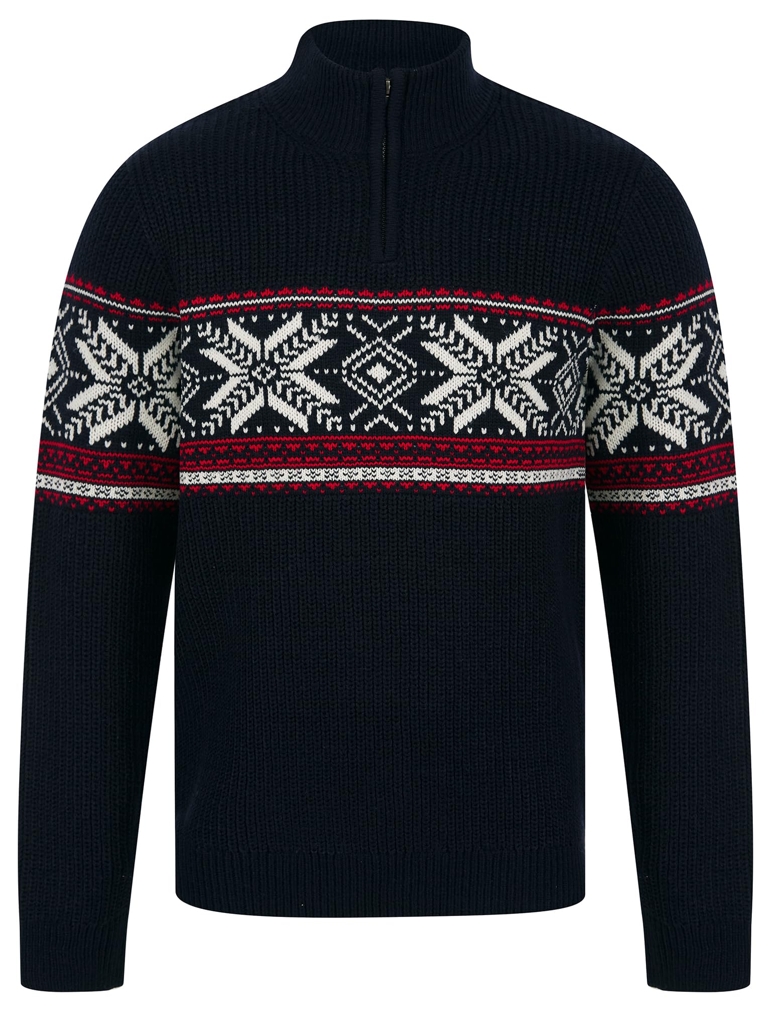 Tokyo Laundry Merry Christmas Men's Nordic Fair Isle Jacquard Knit Jumper with Quarter Zip Funnel Neck