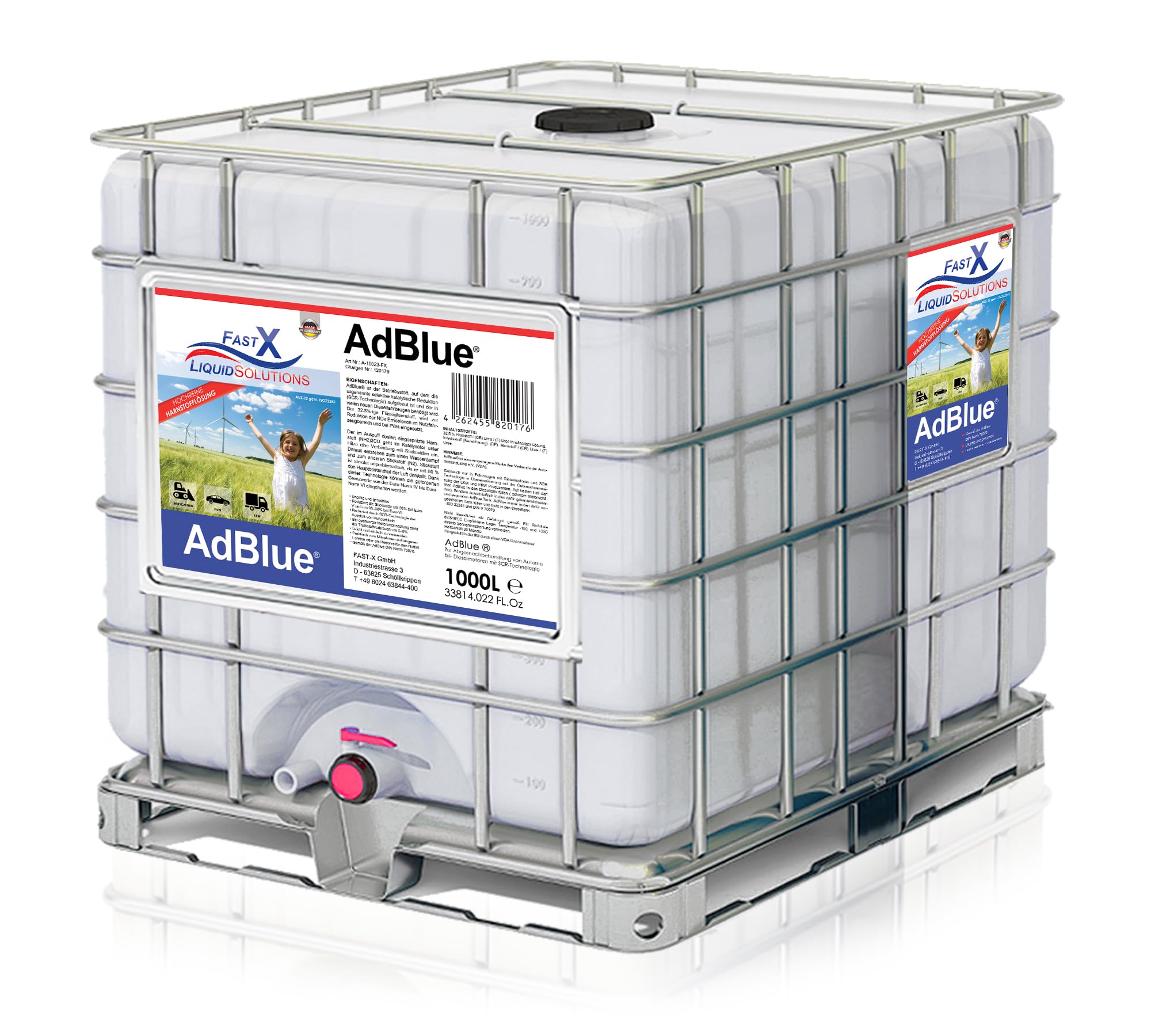 FAST X AdBlue Harnstofflösung 1000L IBC– Umweltfreundliche Emissionsreduzierung für Diesel mit SCR-Technologie, Euro-Norm Konform, Einfach Anzuwenden, 36 Monate Haltbar