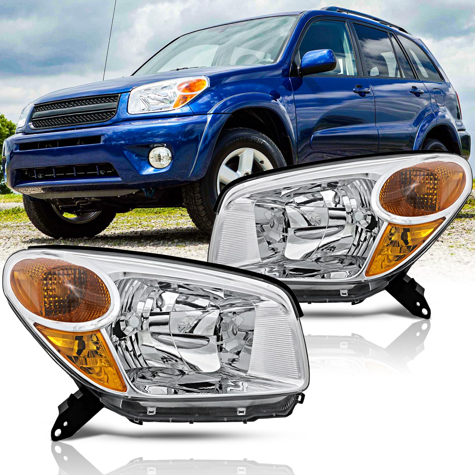 SAFAUTOPARTS Headlights Assembly Pair for 2004 2005 Toyota RAV4 Halogen Headlamps Head Lights Replacement Driver and Passenger Side,Chrome Housing