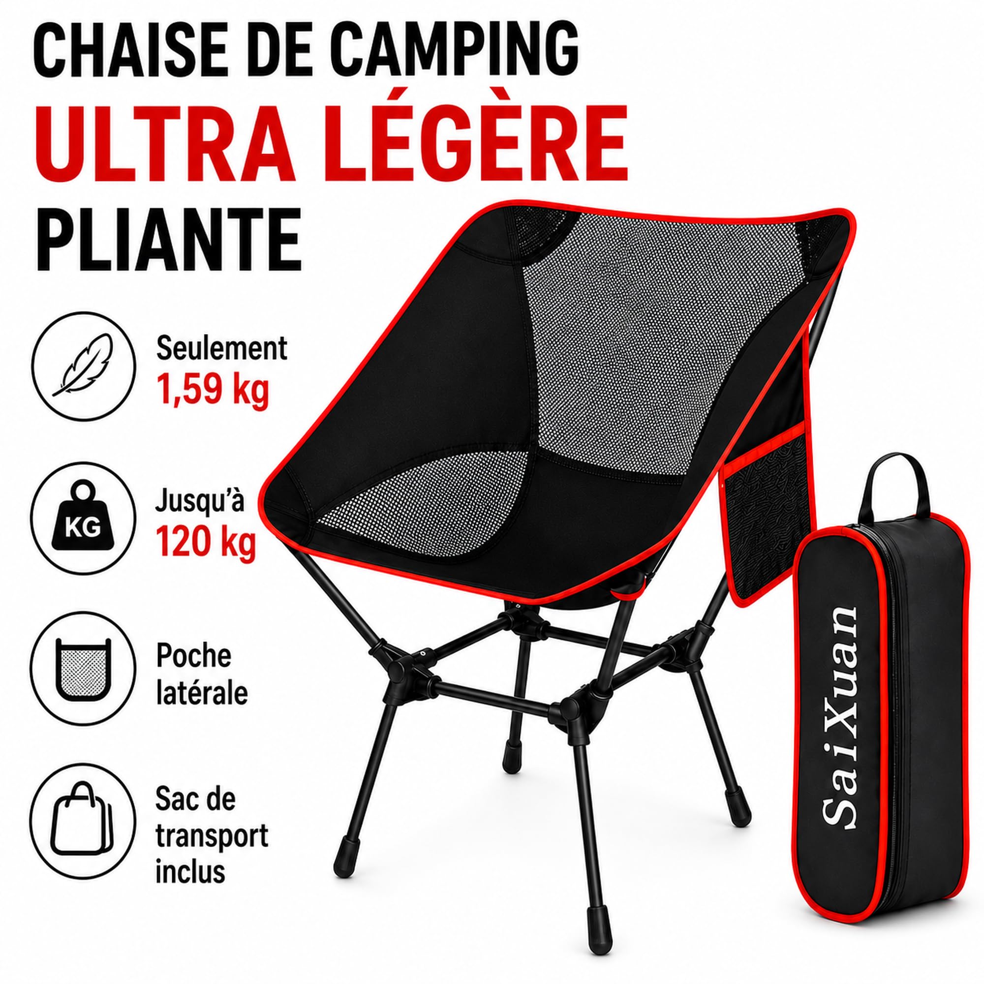 Chaise Pliante Camping, Chaise de Camping Pliable Jusqu’à 120 kg, Fauteuil Pliant Camping Léger avec Poche Latérale et Sac Inclus, pour Plage, Pêche, Jardin et Extérieur