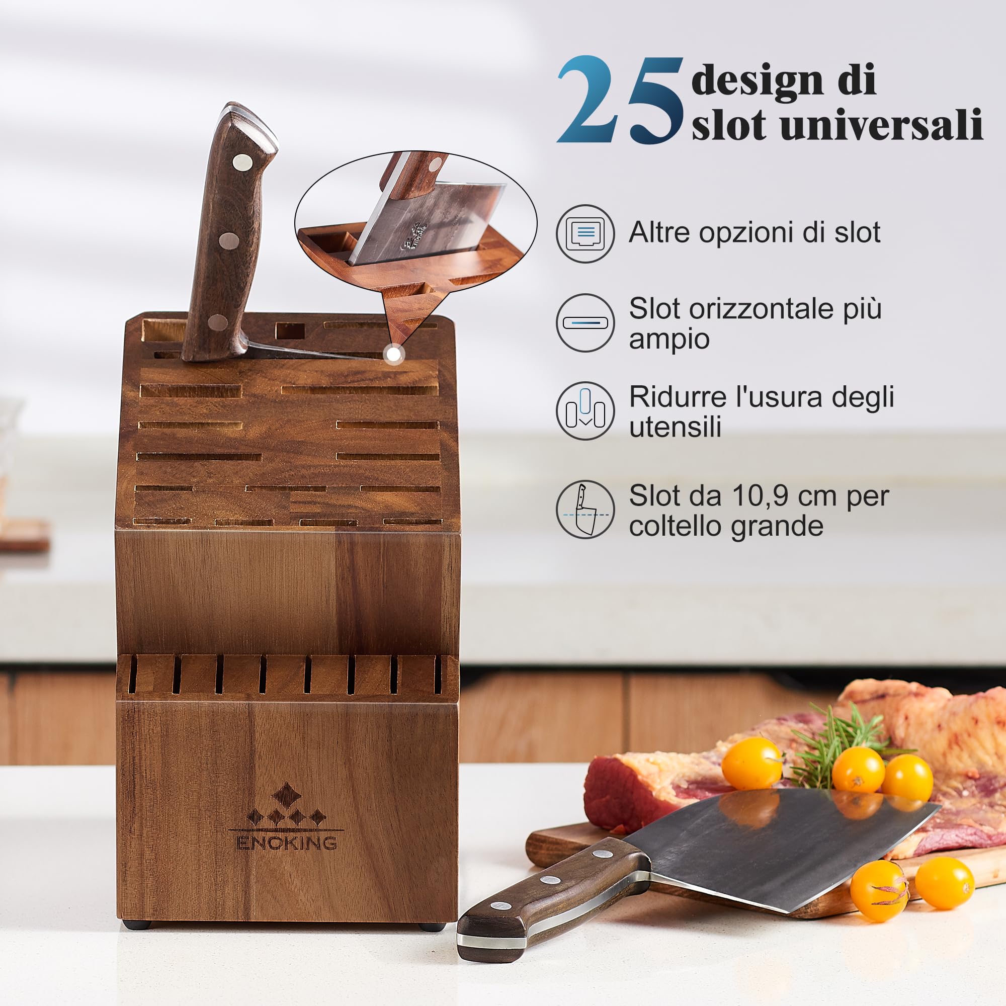 ENOKING Porta Coltelli Cucina, 25 Slot Portacoltelli da Cucina in Acacia per Bancone della Cucina, Ceppo Coltelli Vuoto di alta Qualità per Coltelli e Cesoie per Pollame/Acciaio per Affilare