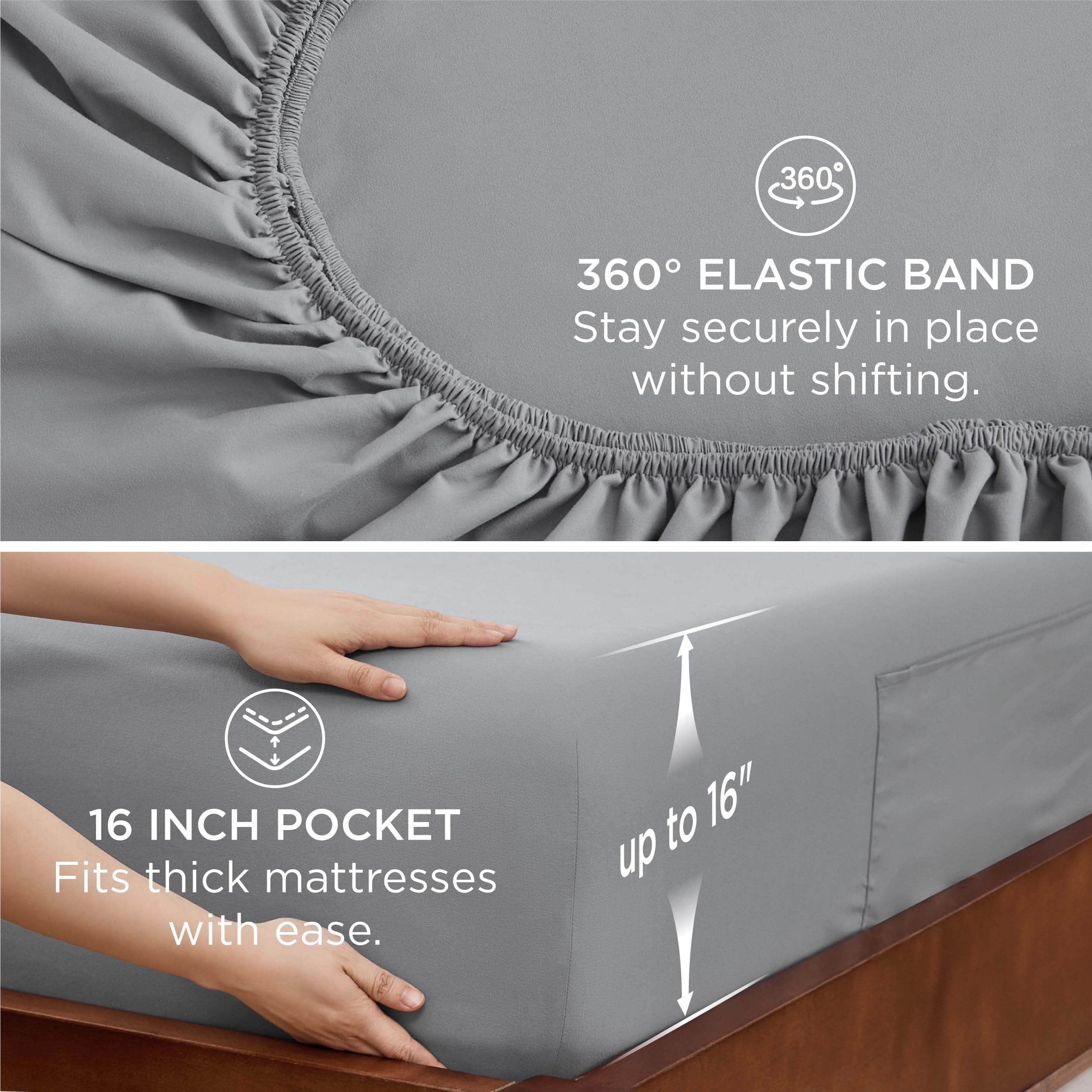 Bedsure King Sheet Set With Side Pocket – 120GSM Brushed Polyester, Wrinkle-Resistant, 16\" Deep Pocket, Grey