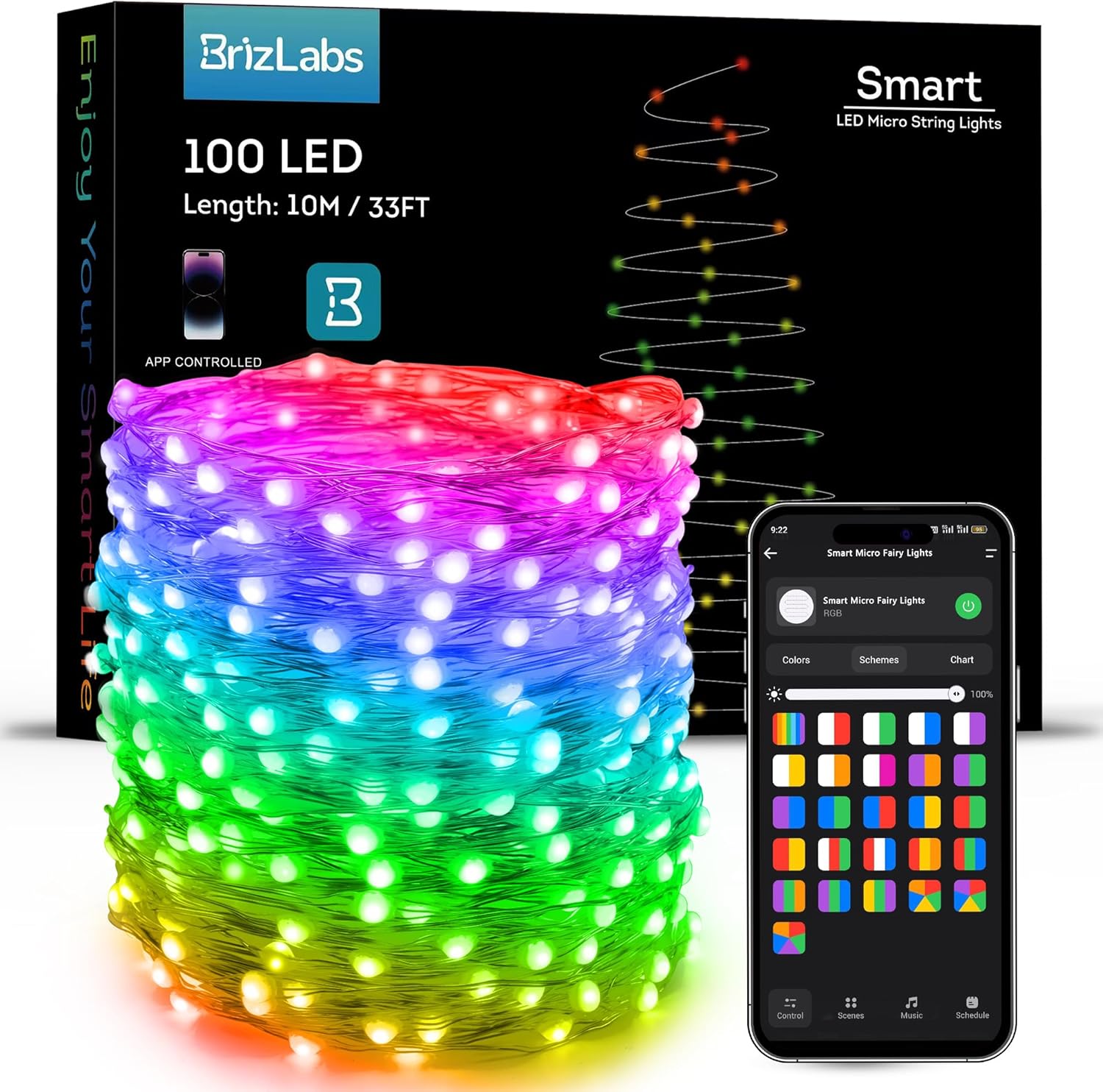 BrizLabs Luces de hadas inteligentes, 33 pies, 100 luces LED que cambian de color, funcionan con AlexaGoogle Home, WiFi arco iris, luz de Navidad,