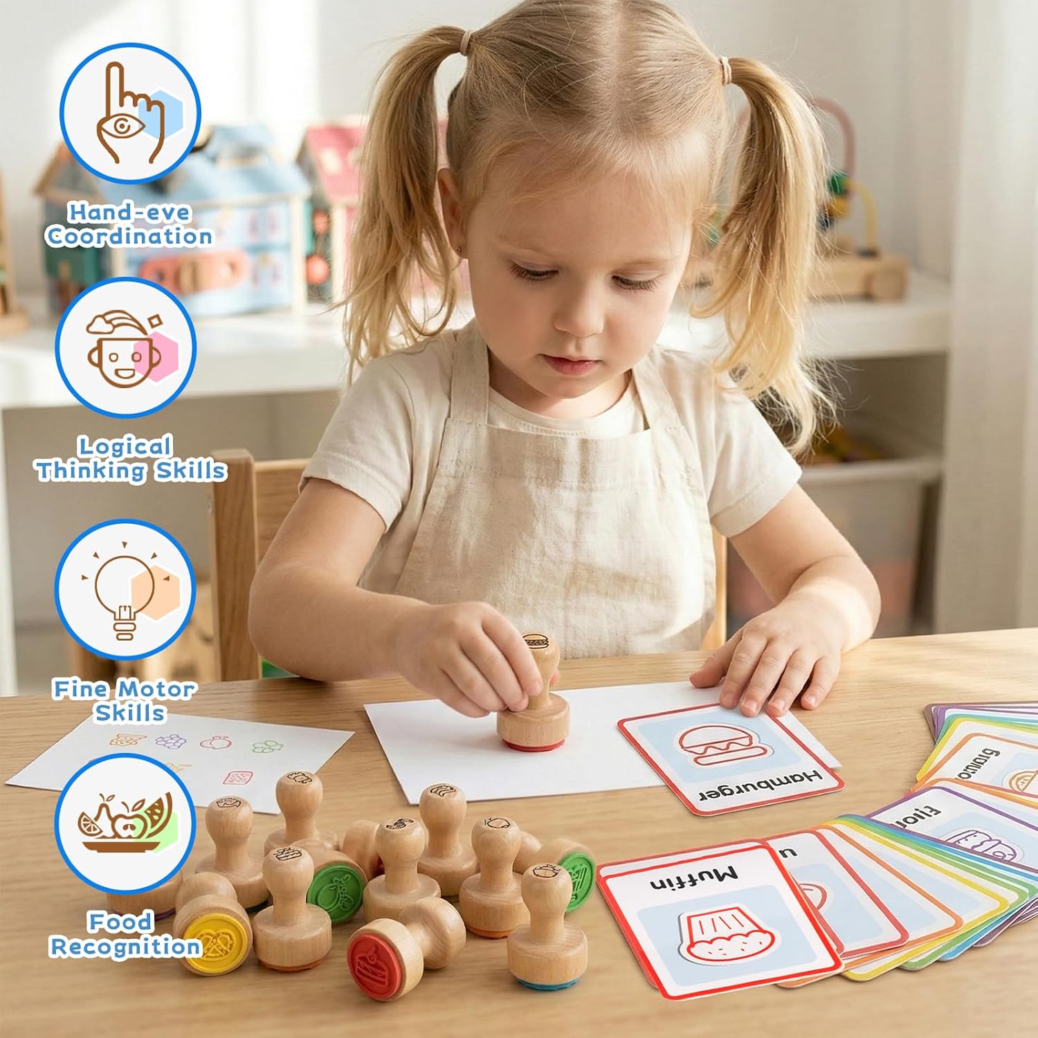 67 Pcs Wooden Food-Themed Stamps for Kids with Flashcards, Toddler Stamp Set for Arts & Crafts, Birthday Party Favors, Easter Treasure Box Toys for Classroom (Beverage & Fruit & Dessert)