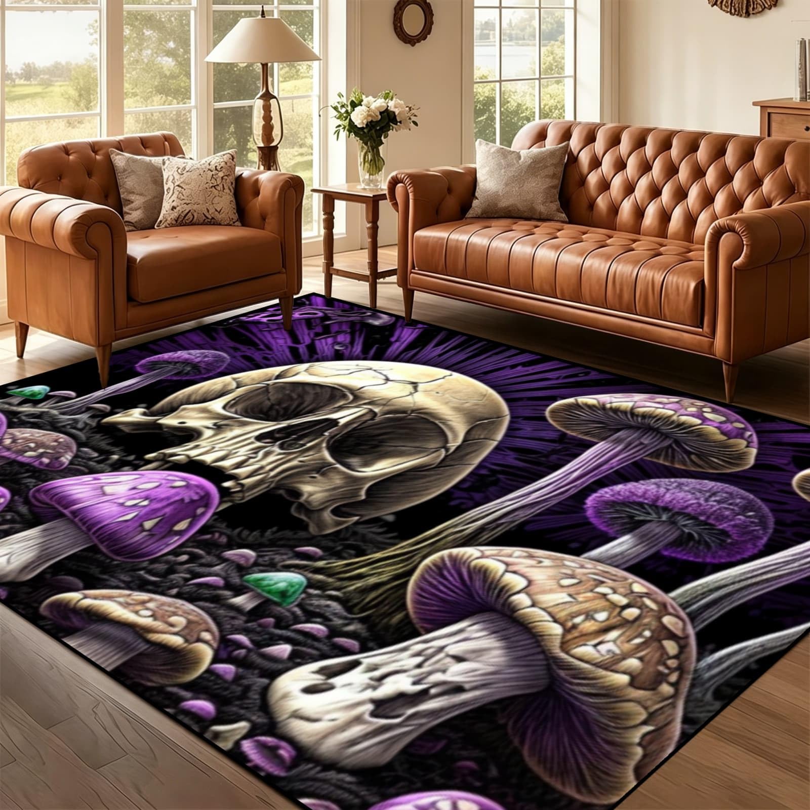 WAOTMN Skull Purple Mushroom Area Rug 100x150cm Dark Fantasy Mystical Halloween Rug Carepet for Living Room Non-Slip Rugs,Easy To Clean Soft Bedside Rugs for Bedroom Lounge