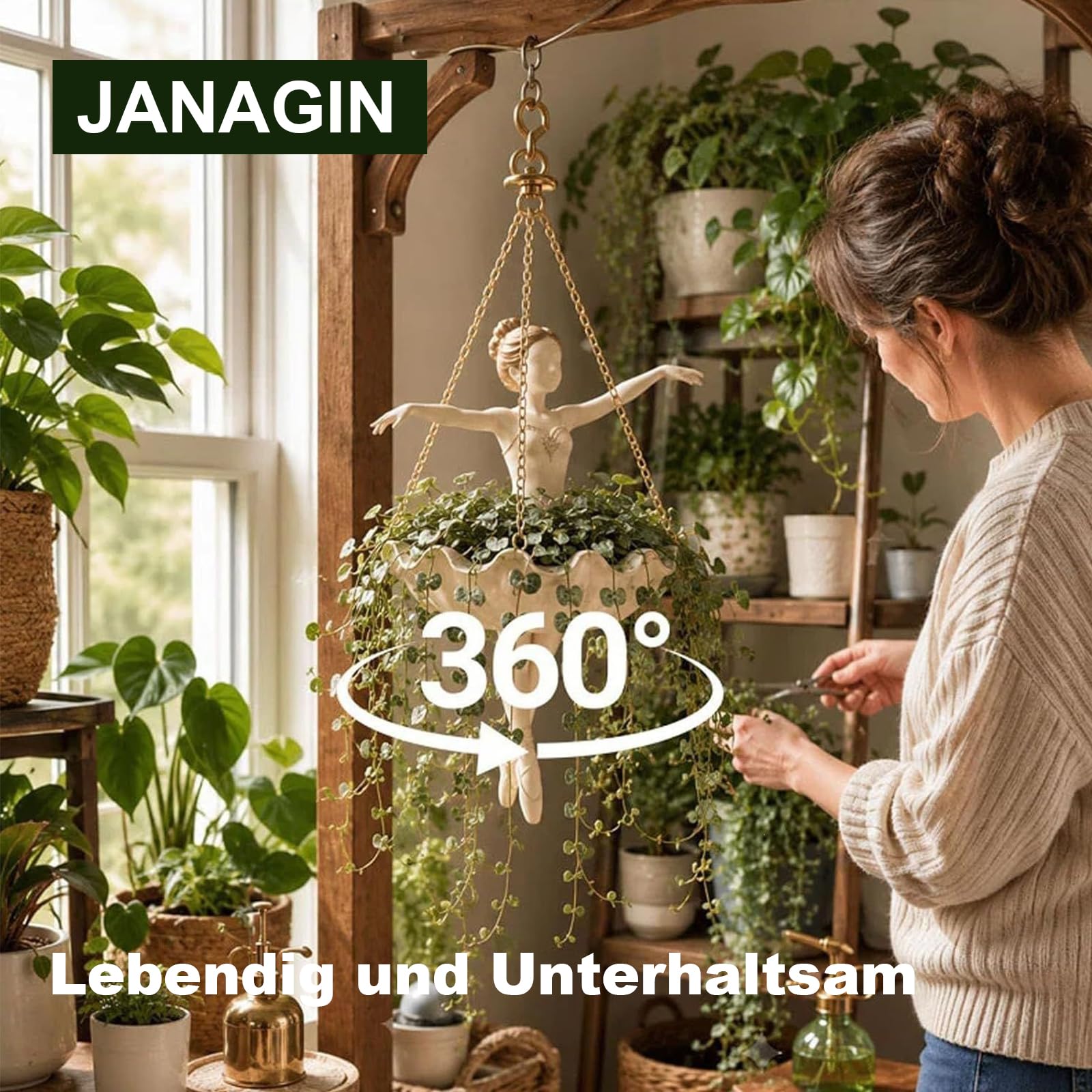 Blumentopf aus Harz, 25 cm Pflanzenkorb mit Metallketten (3-teiliges Set) | Dekorativer Hängekorb für Sukkulenten, Spinnenpflanzen, Innen- und Außenbereich, Garten Deko