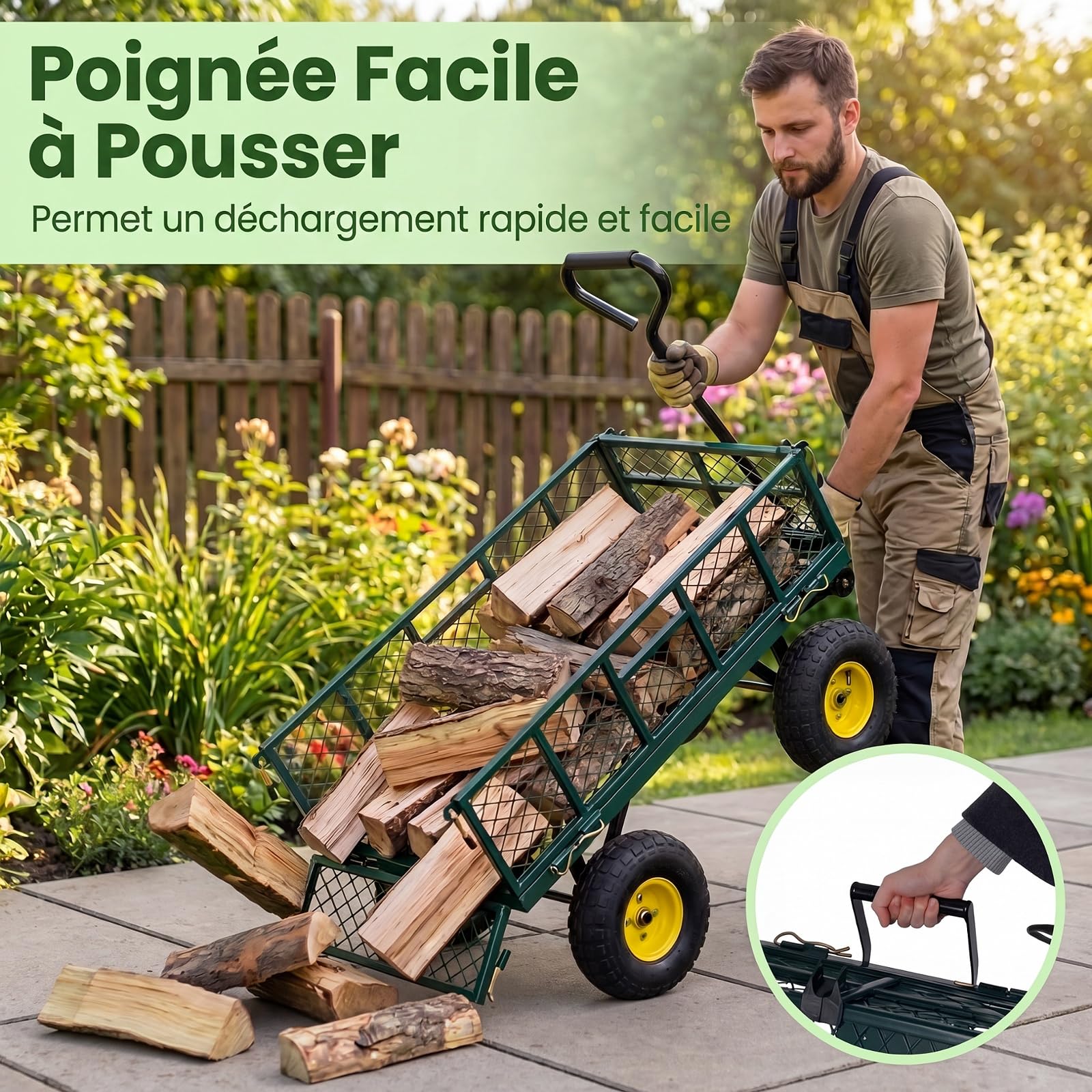 GYMAX Chariot de Transport de Jardin à 4 Roues, Charge Max 410 kg | Panneau de 4 Côtés Amovibles, Poignée Réglable à 120° et Rotative à 270°, Sac de Rangement Intégré, pour Plage Camping