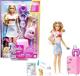 Barbie Doll & Accessories, Travel Set with Puppy and 10+ Pieces, Suitcase Opens & Closes, Barbie "Malibu" with Blonde Hair