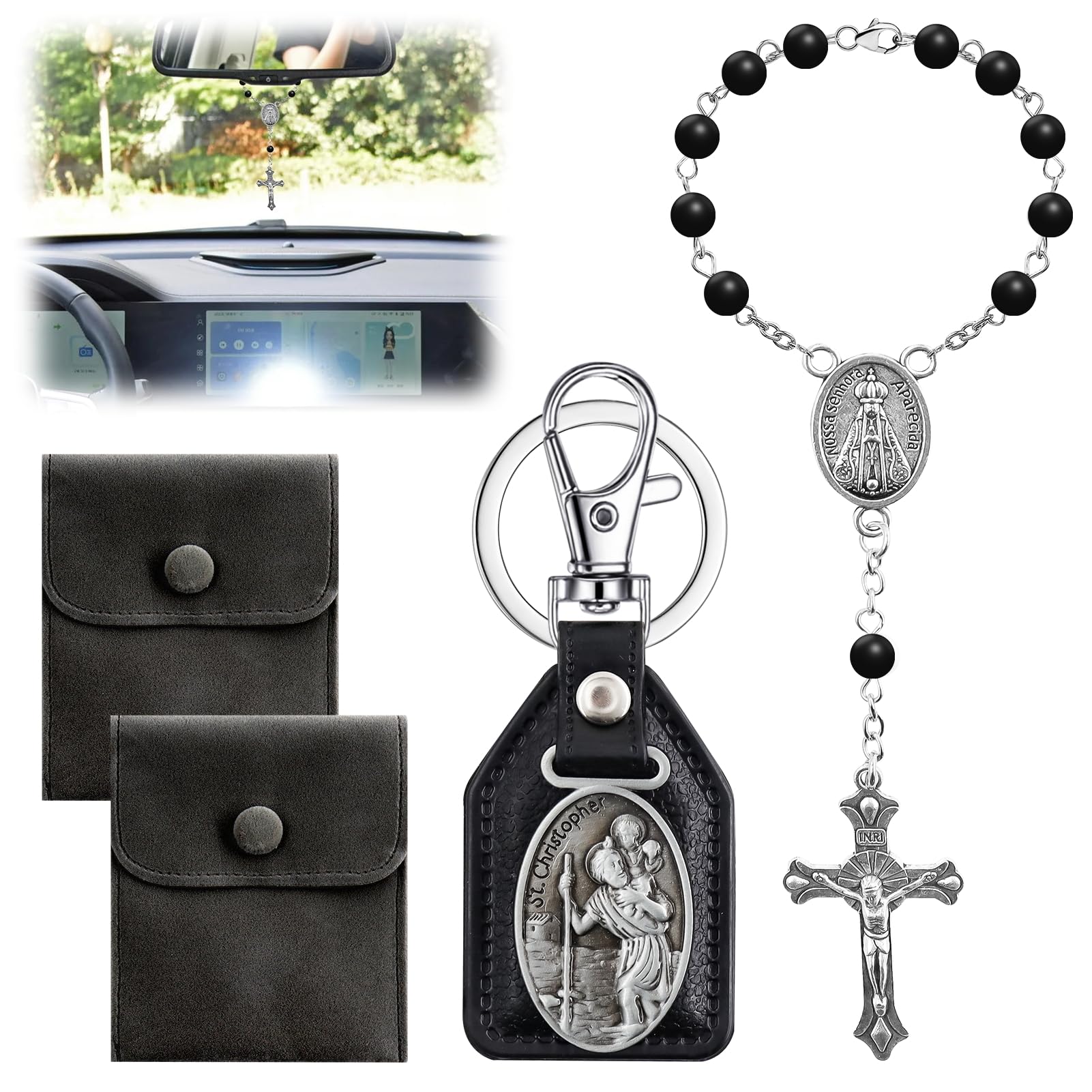 Hpbaggy Ciondolo Rosario per Auto Specchietto Retrovisore con portachiavi di San Cristoforo Sacchetto Regalo in Velluto Regalo per Automobilista Rosario da Preghiera Talismano per Macchina Specch