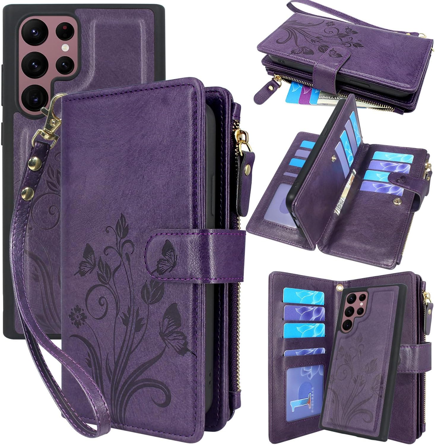 Lacass for Samsung Galaxy S22 Ultra Case [12 Card Slots] ID Credit Cash Holder Zipper Pocket Detachable Magnet Leather Wallet Cover Wrist Strap Lanyard (Floral Dark Purple)