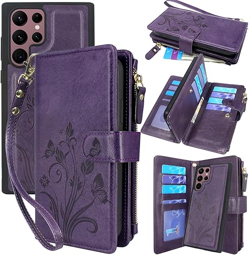 Miniatura 7 de Lacass Funda para Samsung Galaxy S22 Ultra 12 ranuras para tarjetas Soporte para efectivo de crédito de identificación, bolsillo con cremallera,