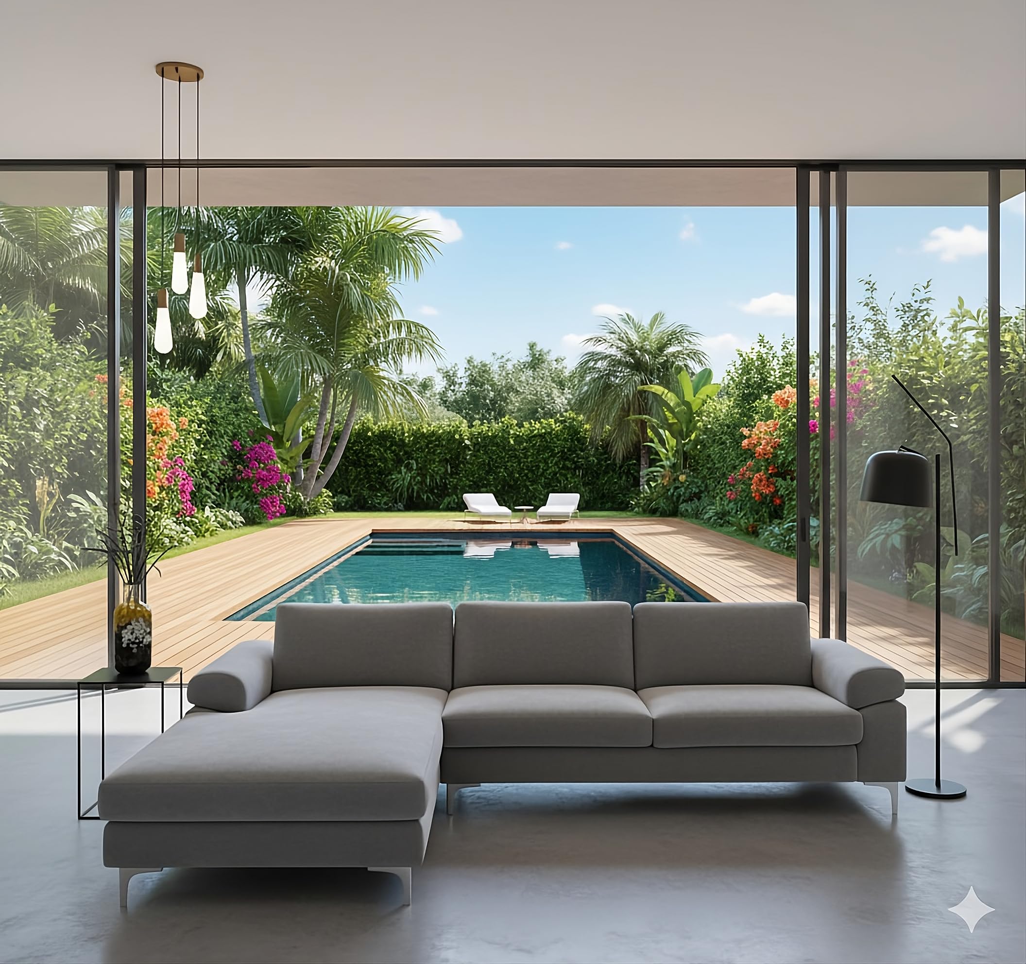 CONCEPT USINE | Divano angolare in velluto 4-5 posti | Design Galway Grigio | Larghezza 262 cm | Angolo sinistro | Comfort ultra lussuoso | Struttura in legno robusto | Piedi in metallo | Stile